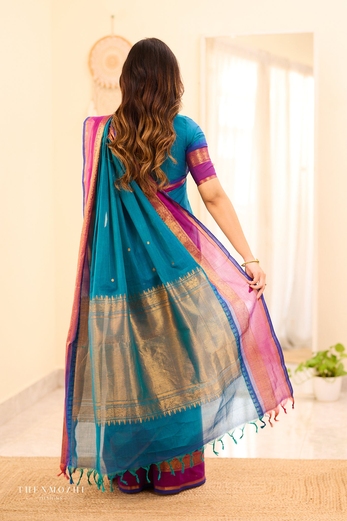 Teal Chettinad Cotton Saree with Wine Zari Border
