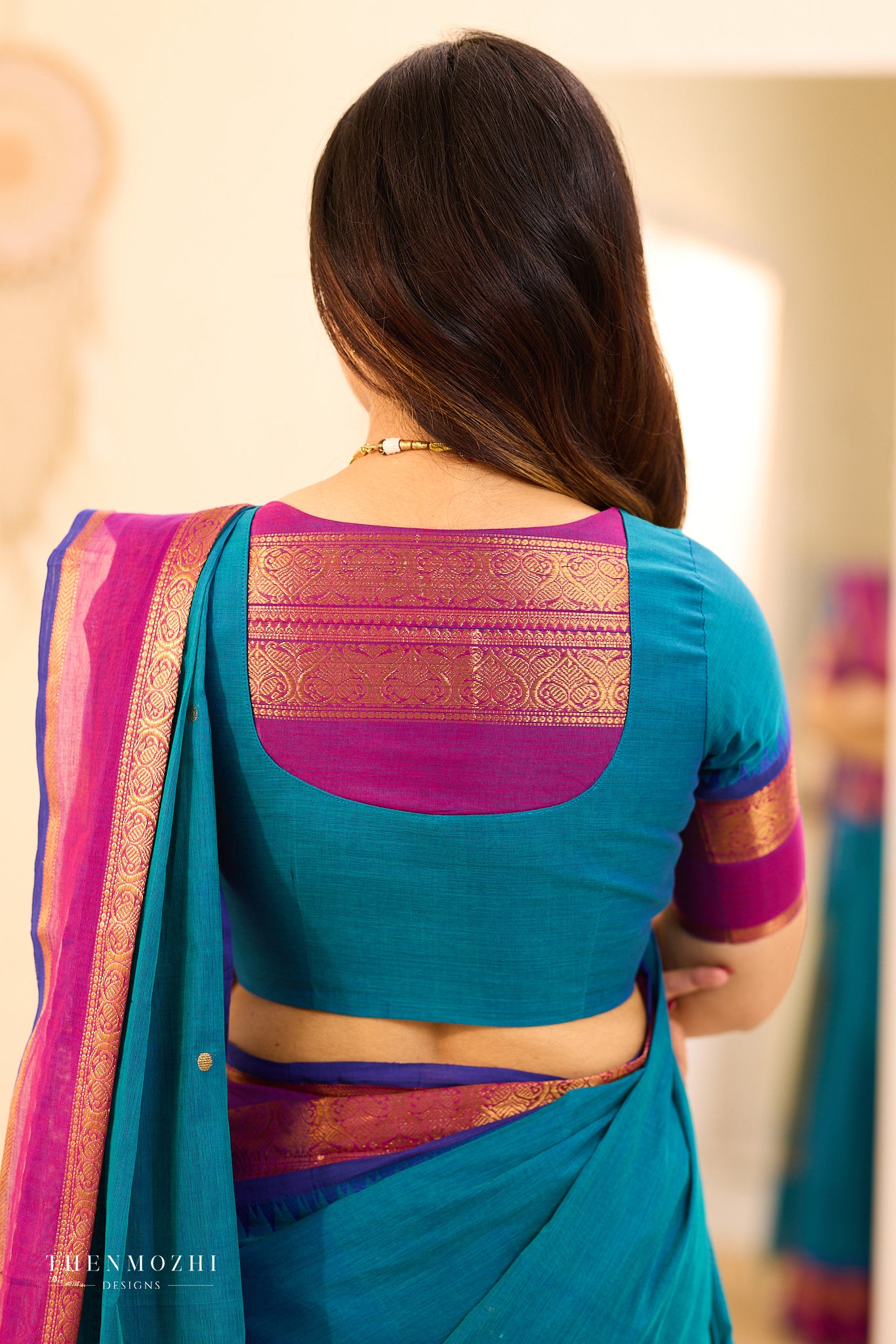 Teal Chettinad Cotton Saree with Wine Zari Border