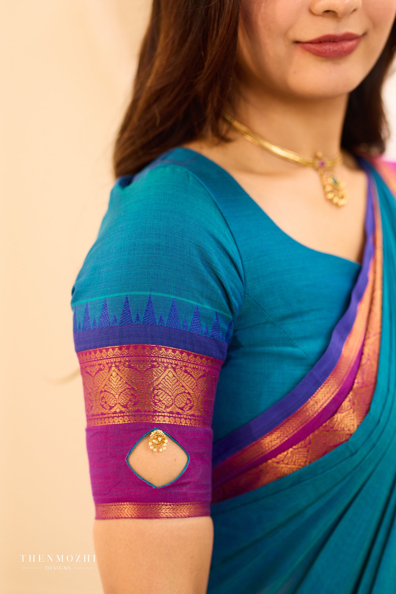 Teal Chettinad Cotton Saree with Wine Zari Border