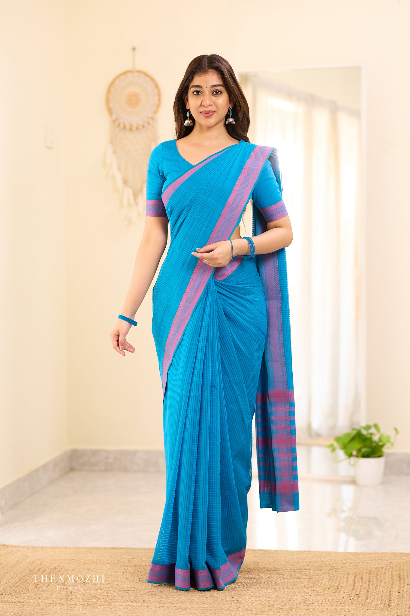 Tiffany Blue Mangalagiri Missing checks Cotton Saree