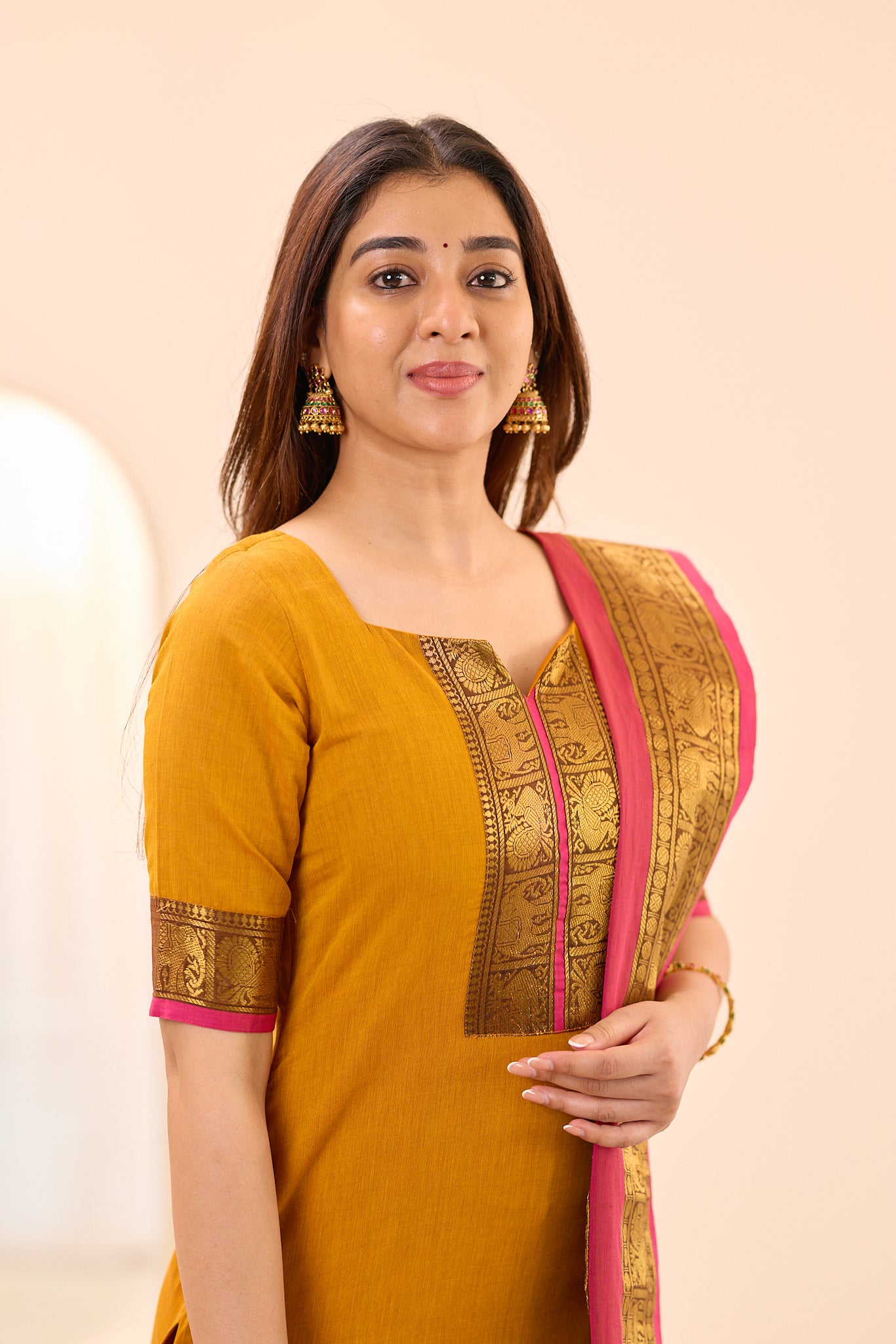 Turmeric Yellow with Rani Pink Border Chettinad Cotton Top and Dupatta