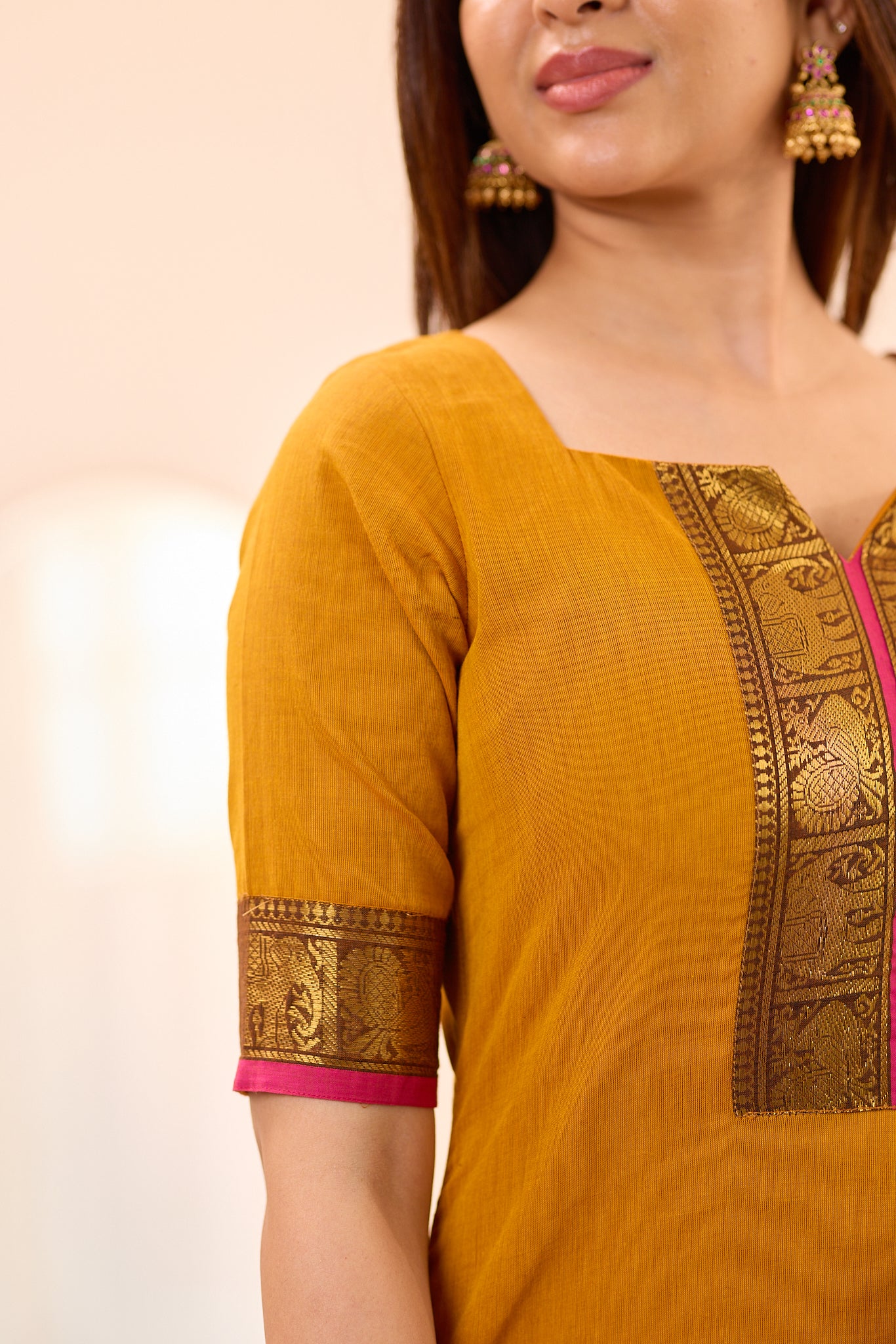 Turmeric Yellow with Rani Pink Border Chettinad Cotton Top and Dupatta