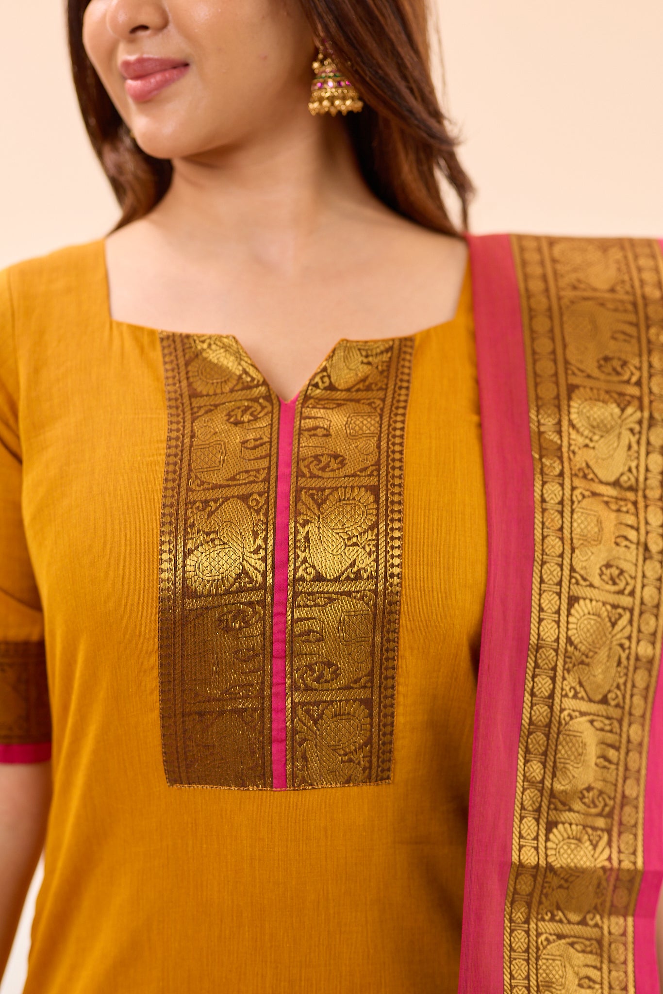Turmeric Yellow with Rani Pink Border Chettinad Cotton Top and Dupatta