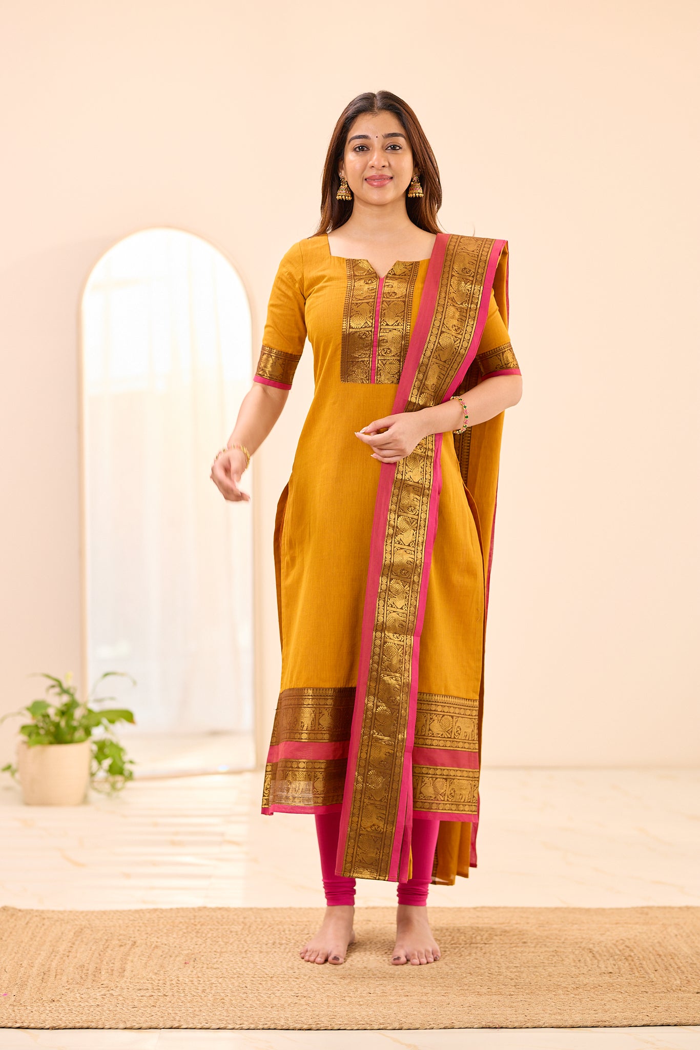 Turmeric Yellow with Rani Pink Border Chettinad Cotton Top and Dupatta