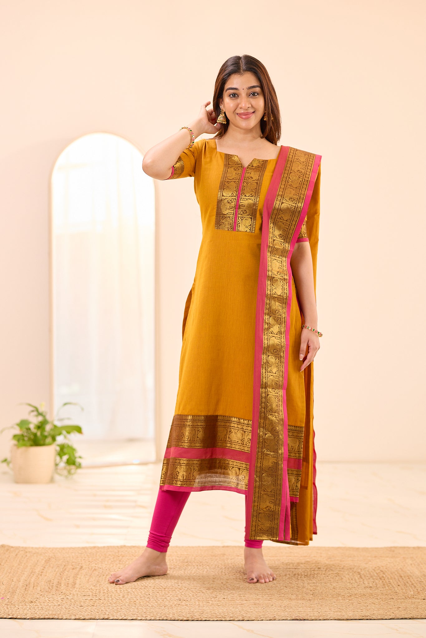 Turmeric Yellow with Rani Pink Border Chettinad Cotton Top and Dupatta