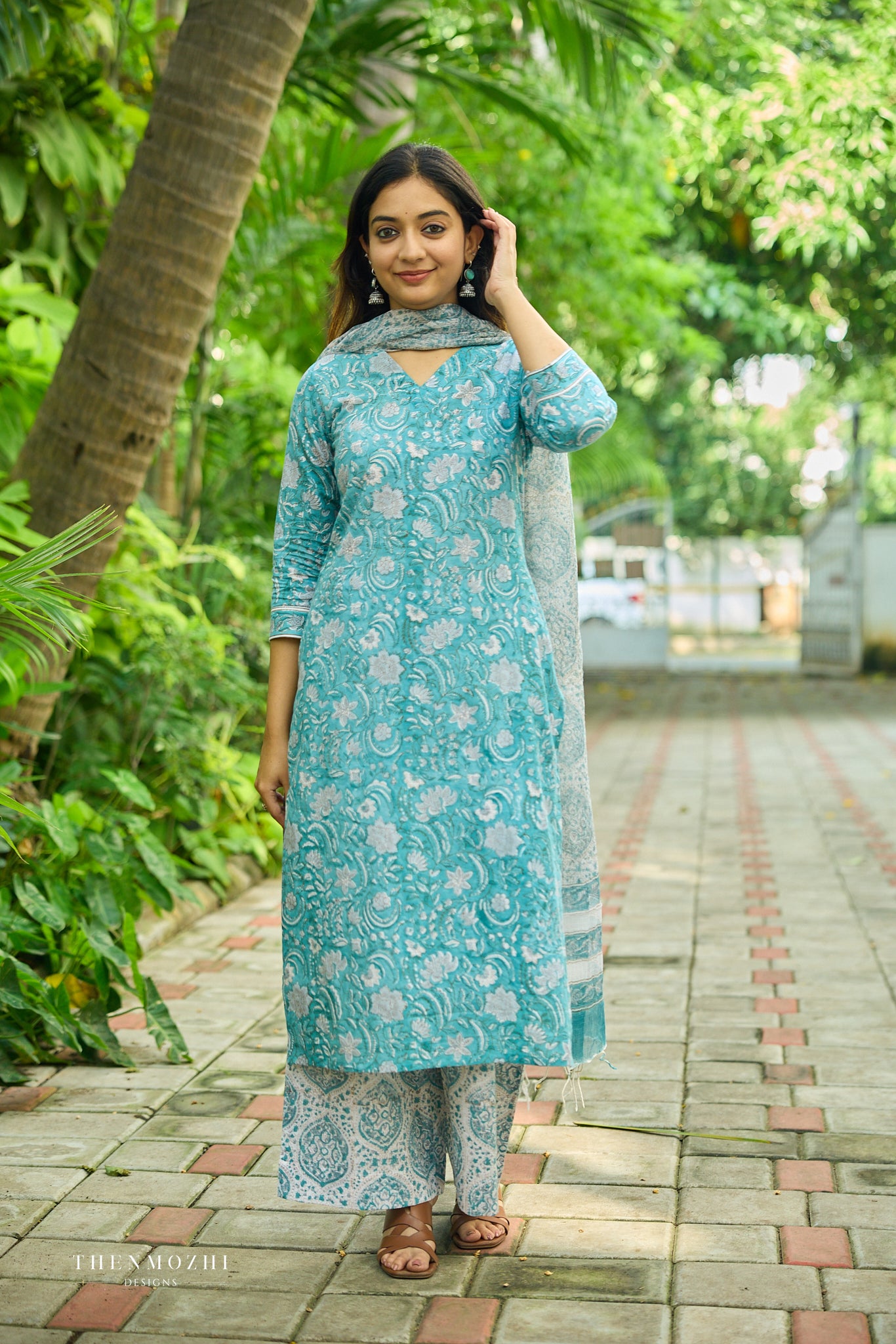 Turquoise Blue Floral Block Printed Cotton Suit Set with Kota Dupatta
