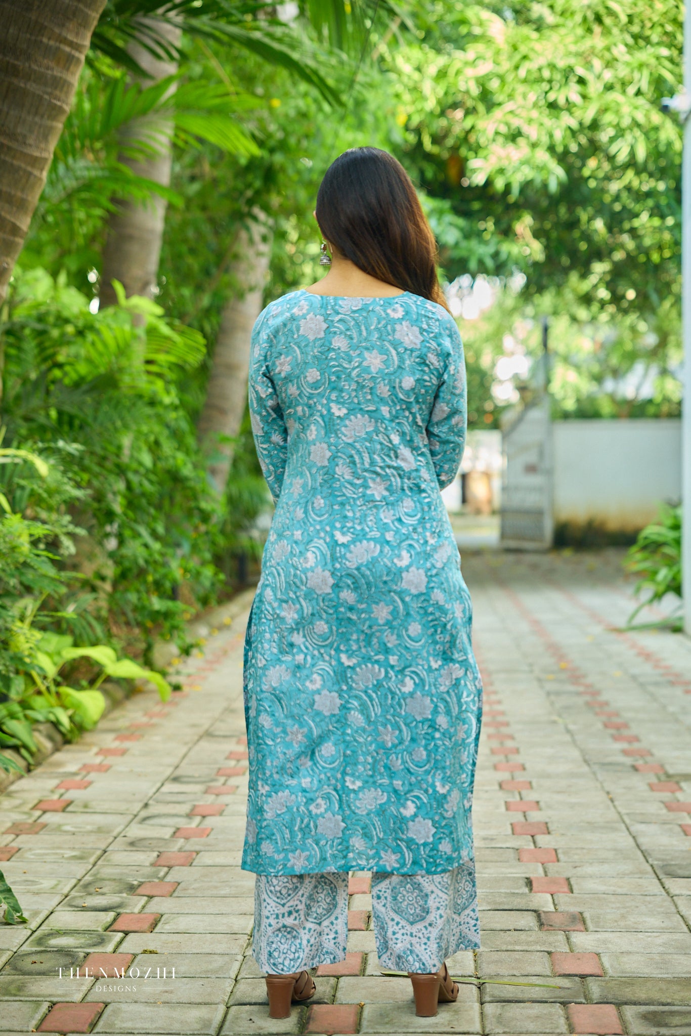 Turquoise Blue Floral Block Printed Cotton Suit Set with Kota Dupatta