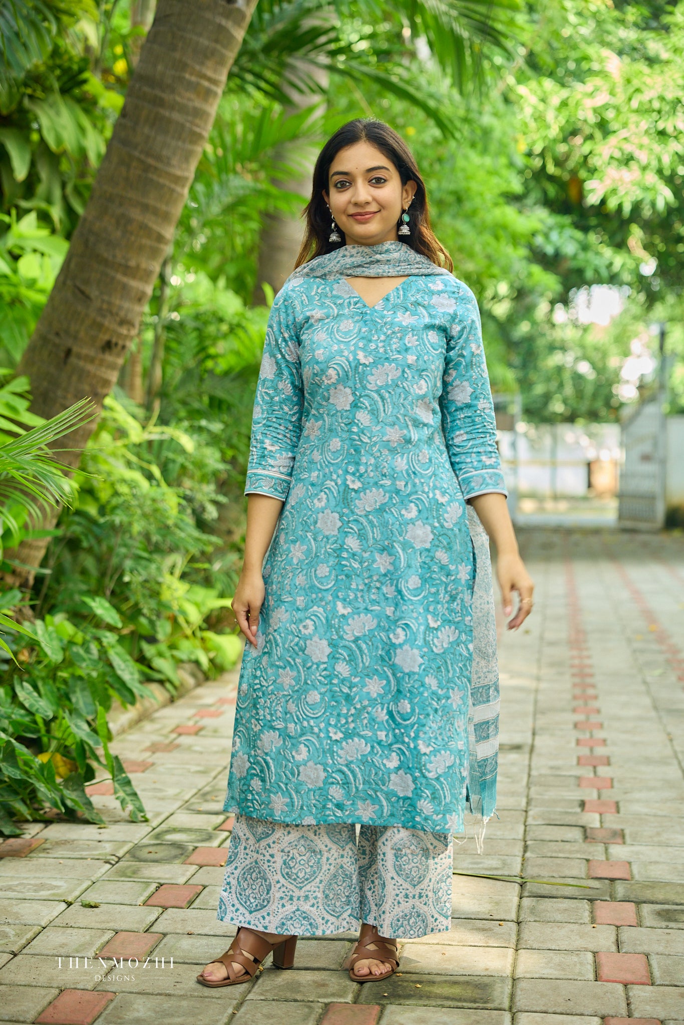 Turquoise Blue Floral Block Printed Cotton Suit Set with Kota Dupatta