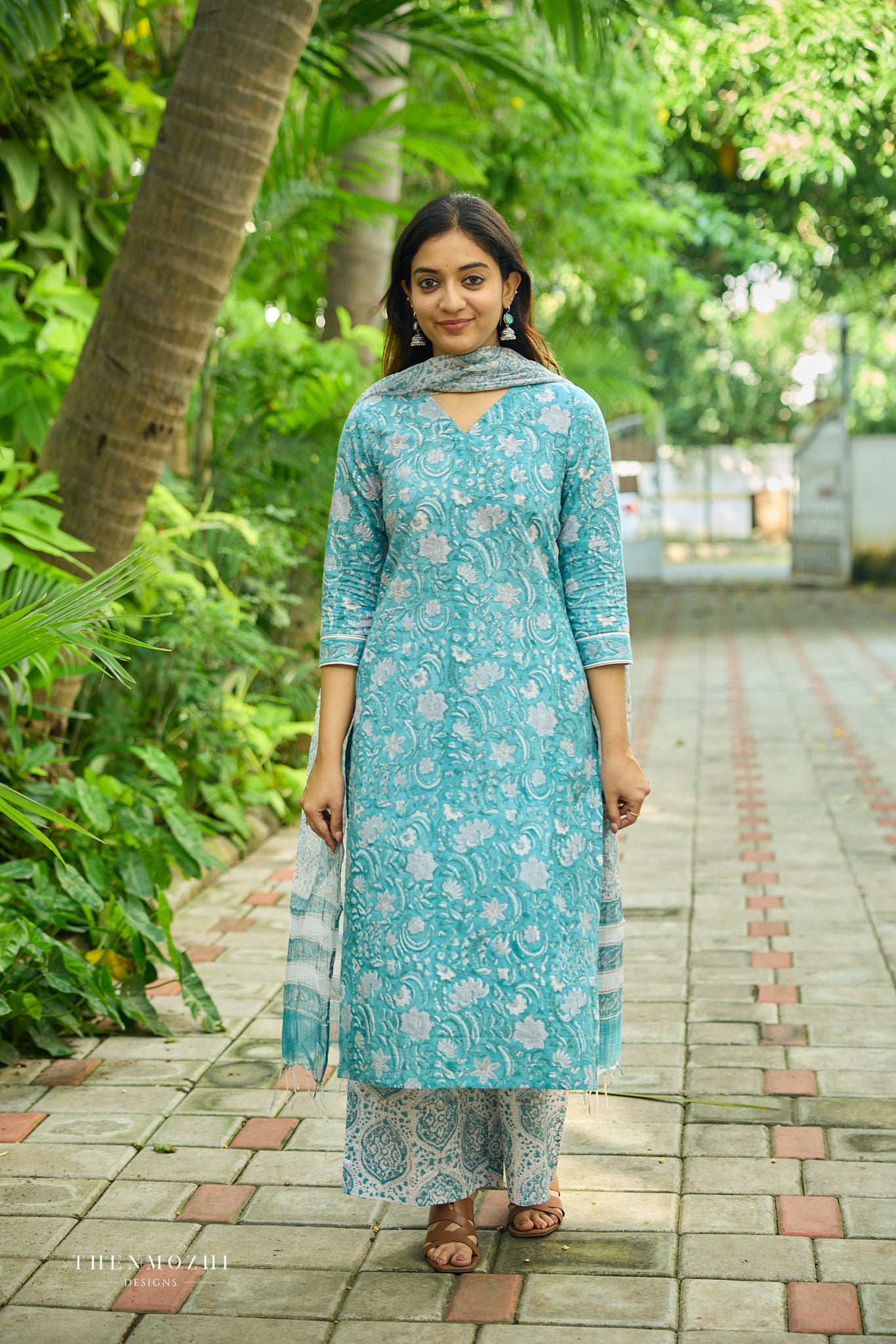 Turquoise Blue Floral Block Printed Cotton Suit Set with Kota Dupatta