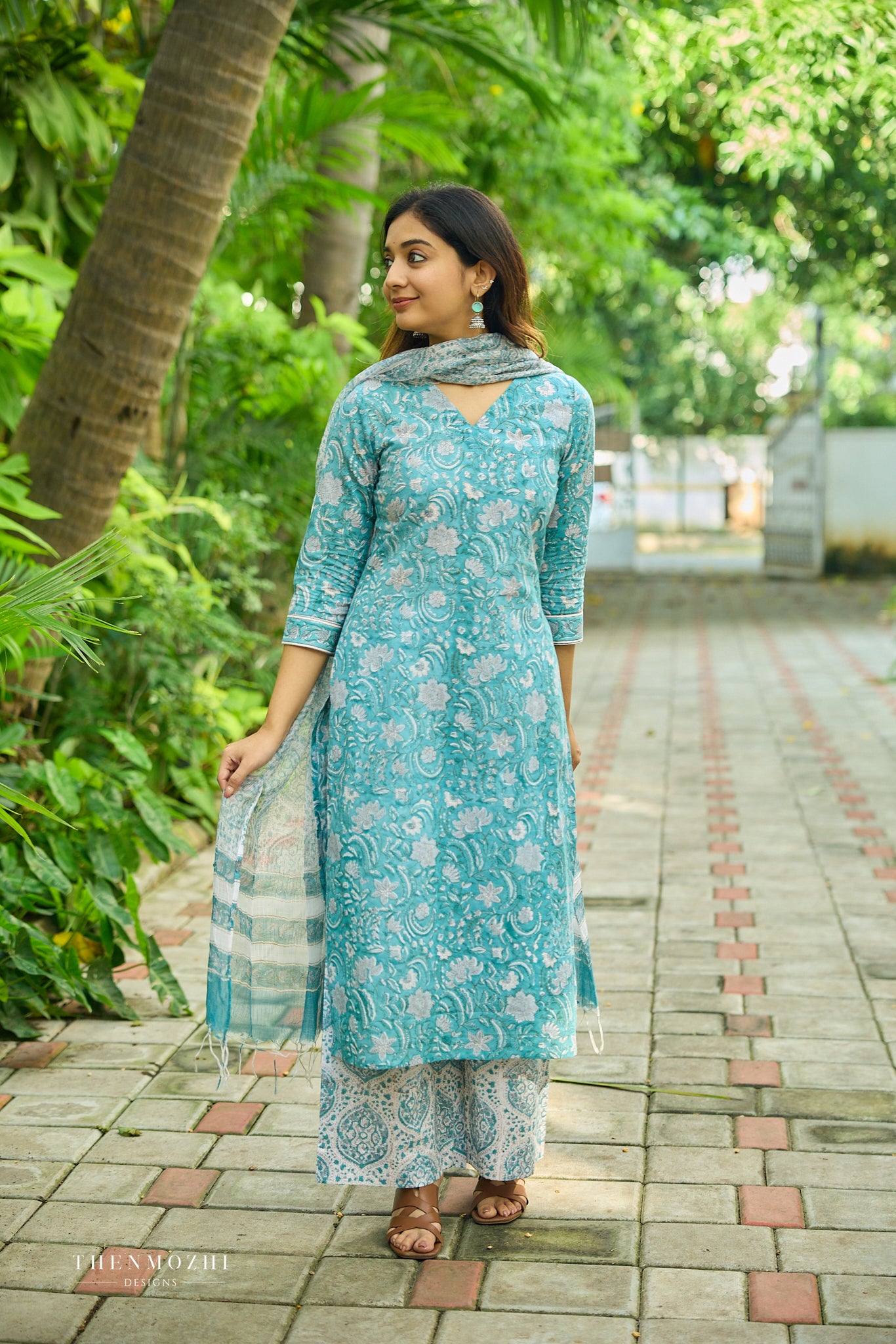 Turquoise Blue Floral Block Printed Cotton Suit Set with Kota Dupatta