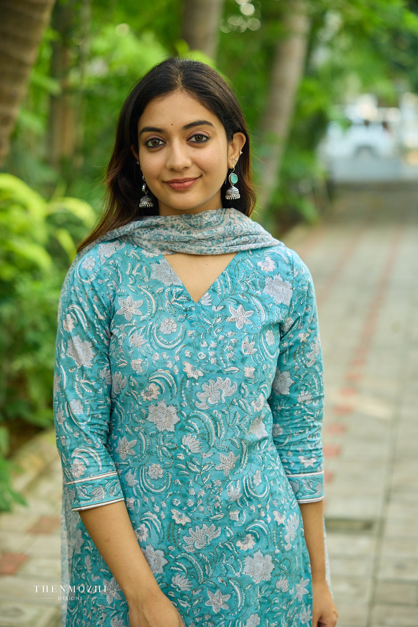 Turquoise Blue Floral Block Printed Cotton Suit Set with Kota Dupatta