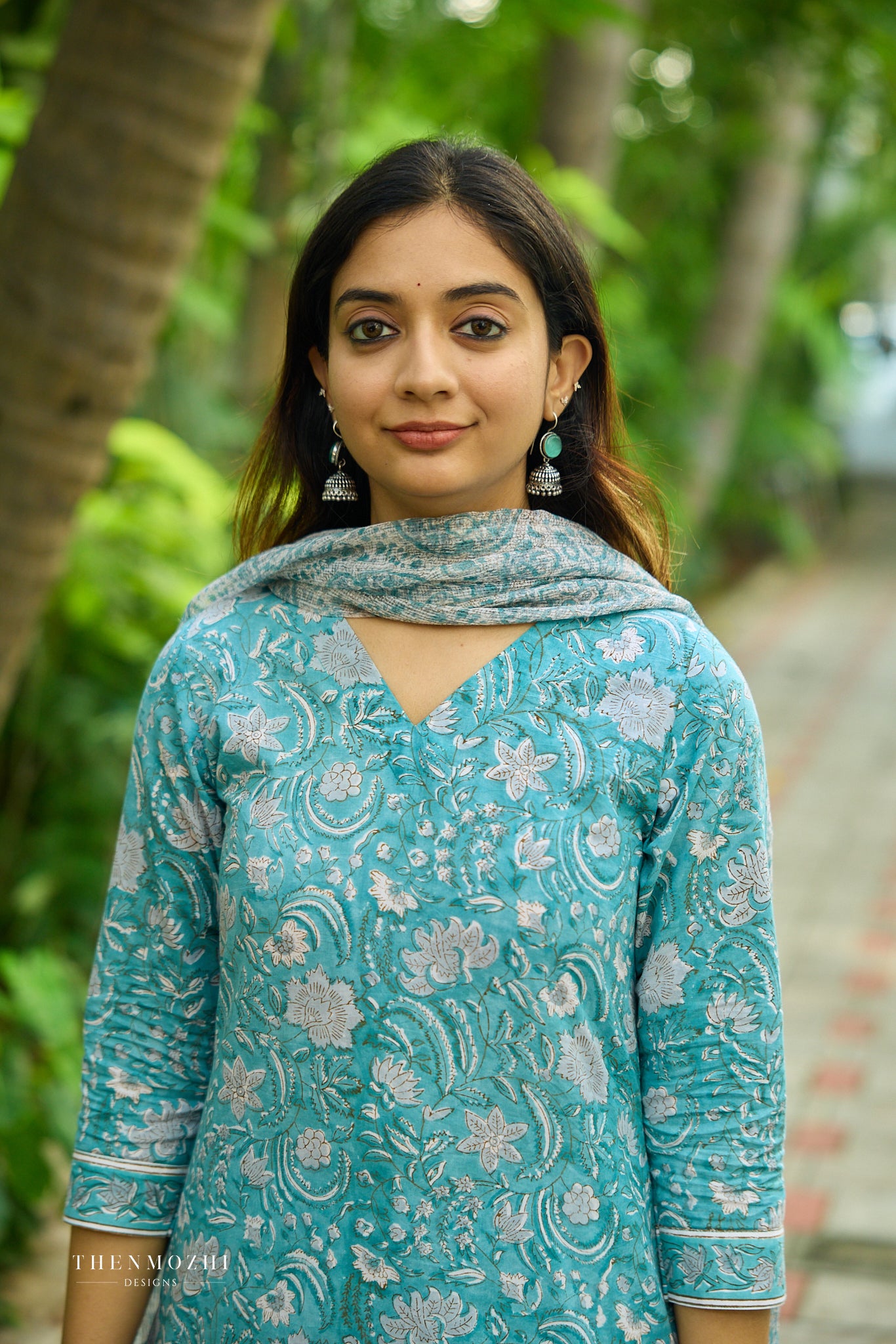Turquoise Blue Floral Block Printed Cotton Suit Set with Kota Dupatta