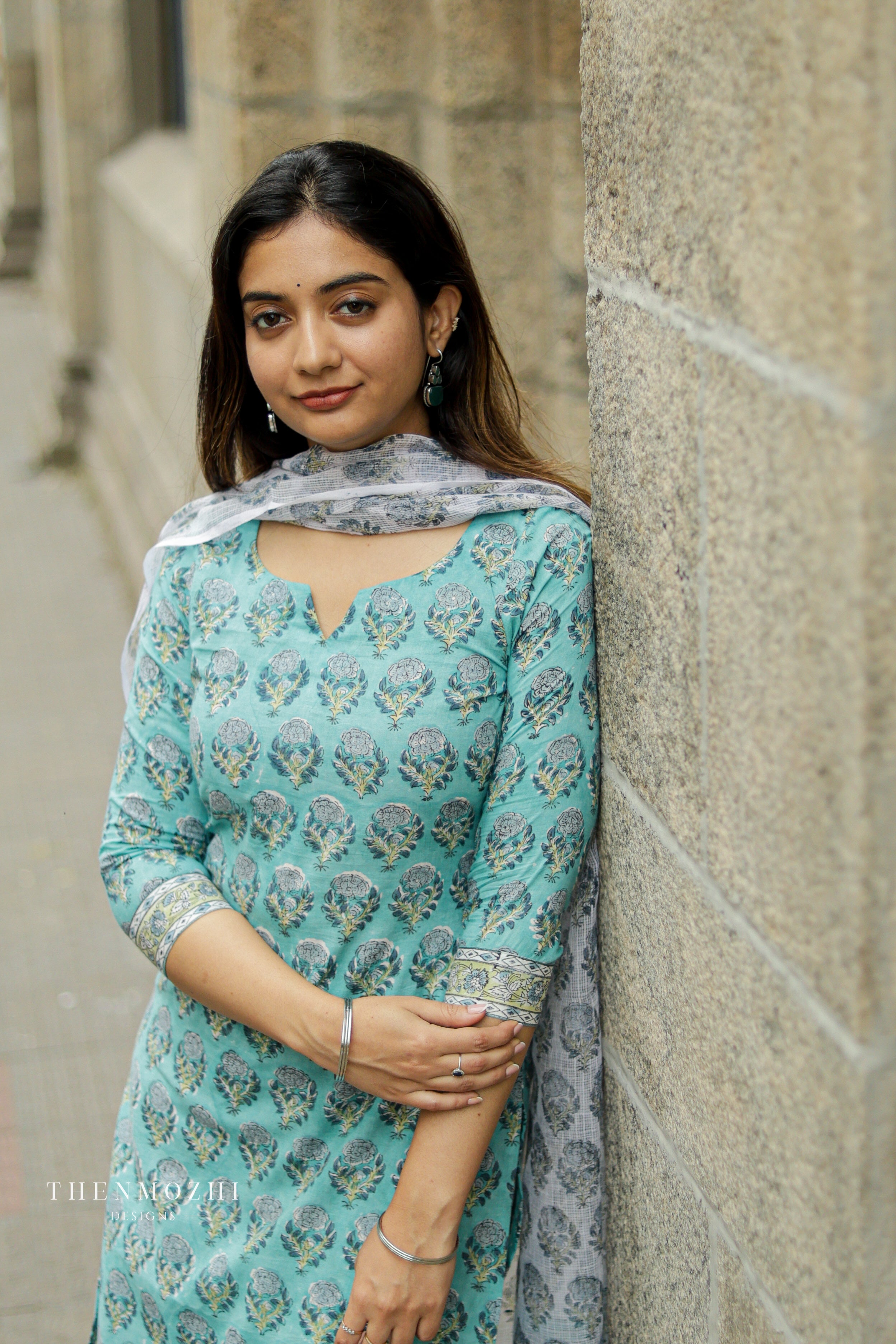 Turquoise Blue Floral Block Printed suit set