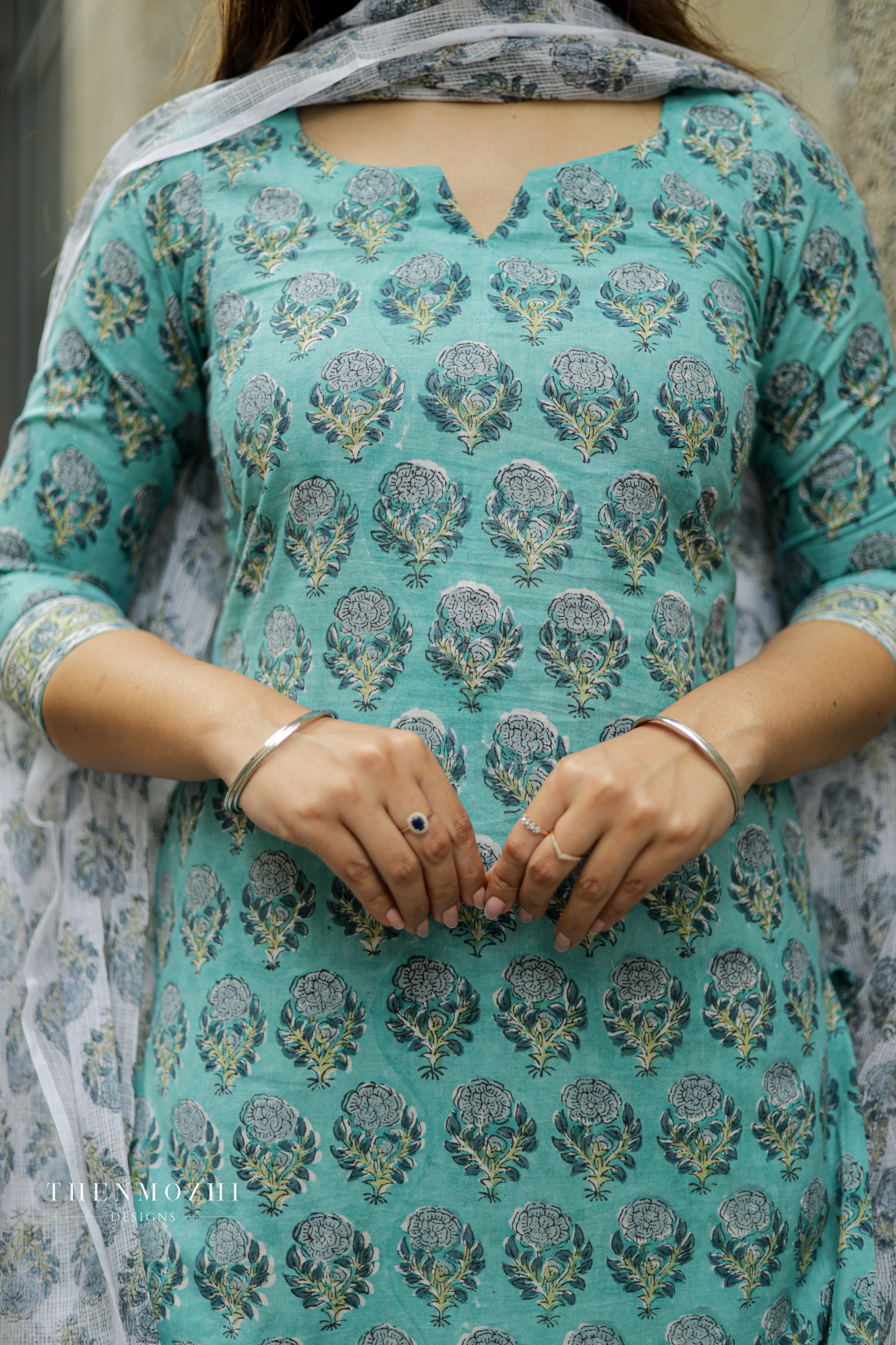 Turquoise Blue Floral Block Printed suit set