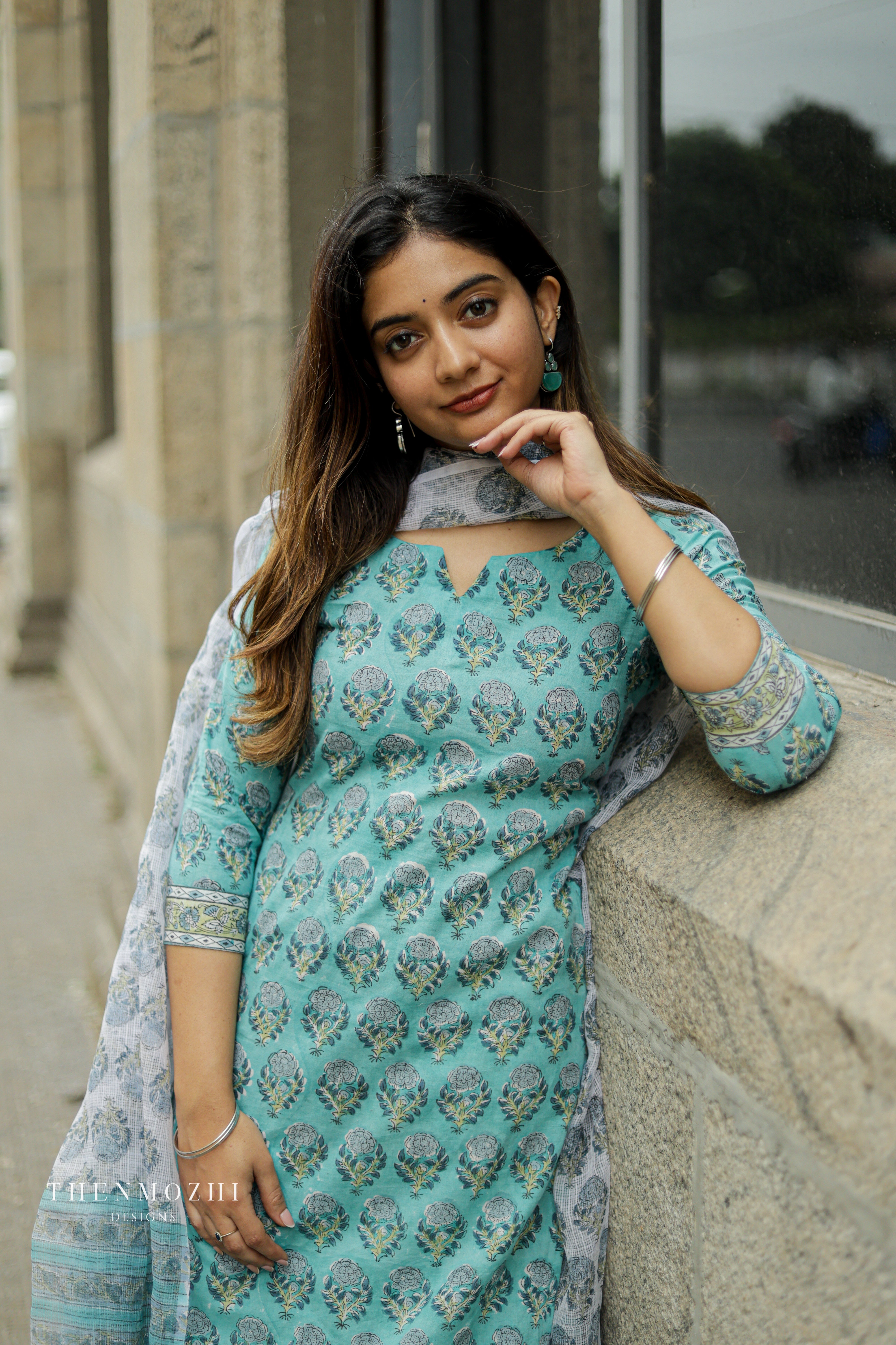 Turquoise Blue Floral Block Printed suit set