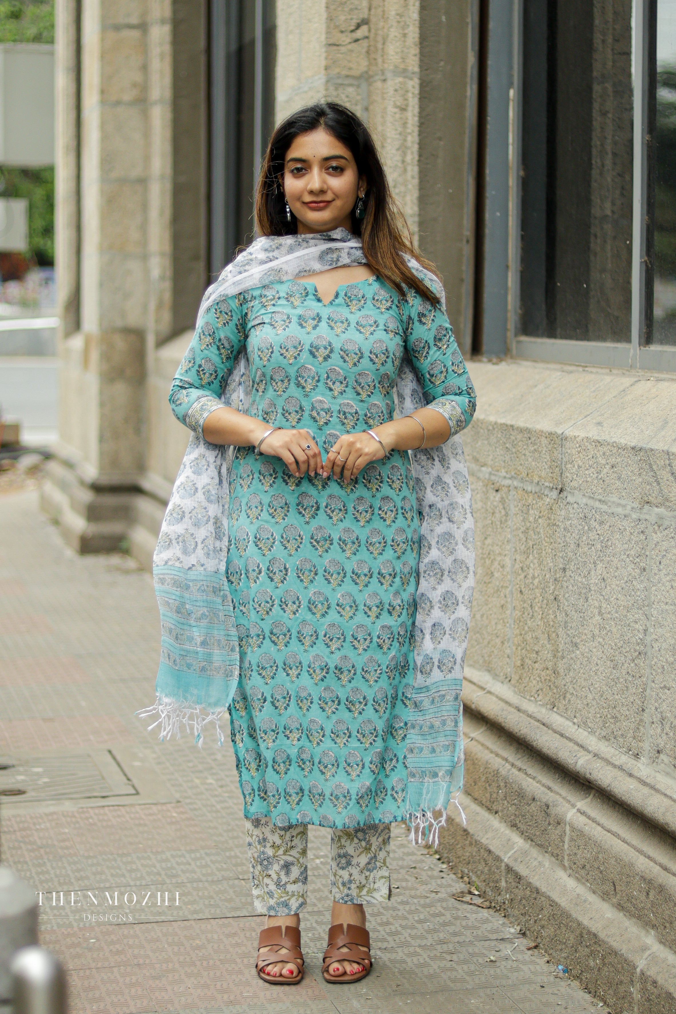 Turquoise Blue Floral Block Printed suit set
