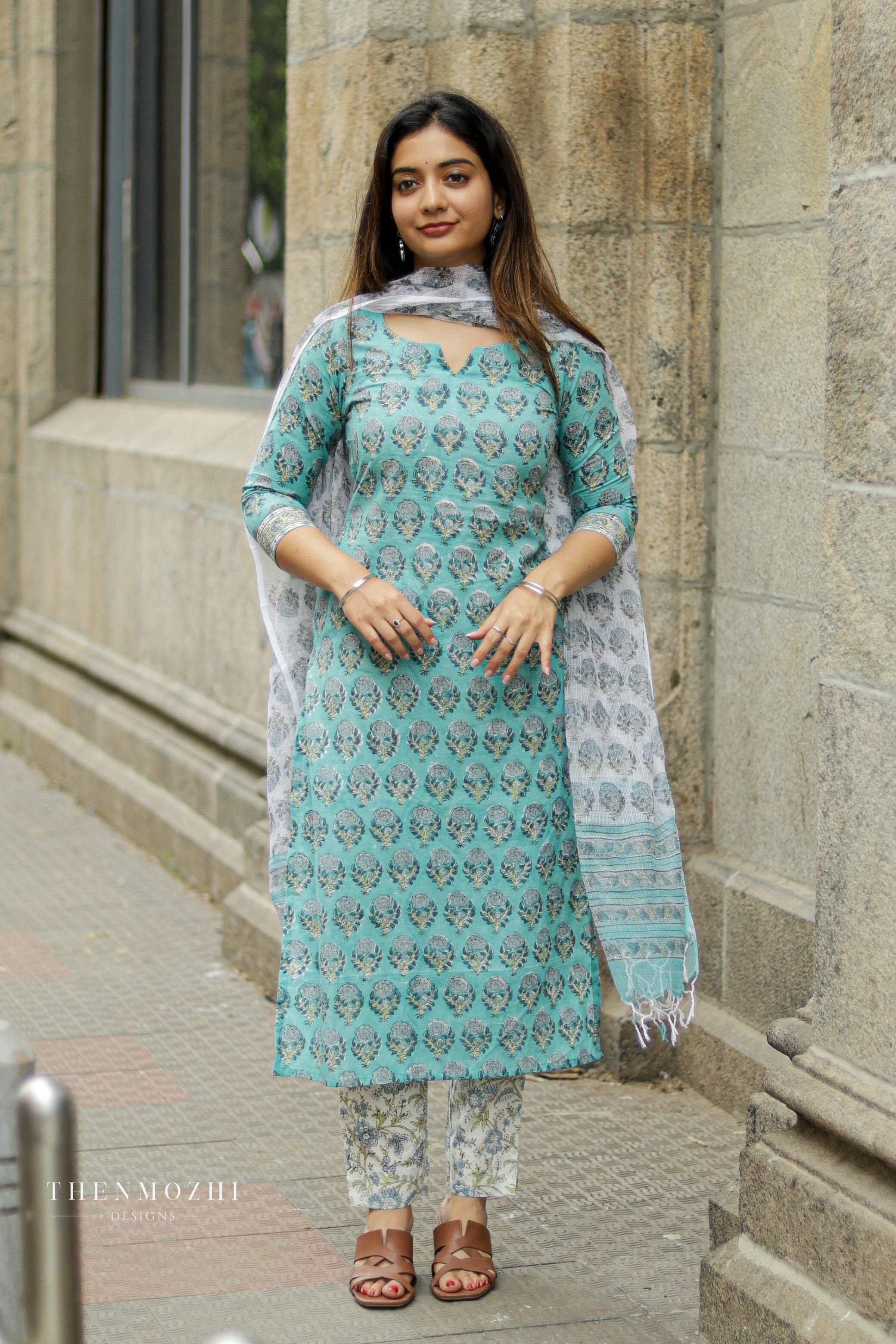 Turquoise Blue Floral Block Printed suit set