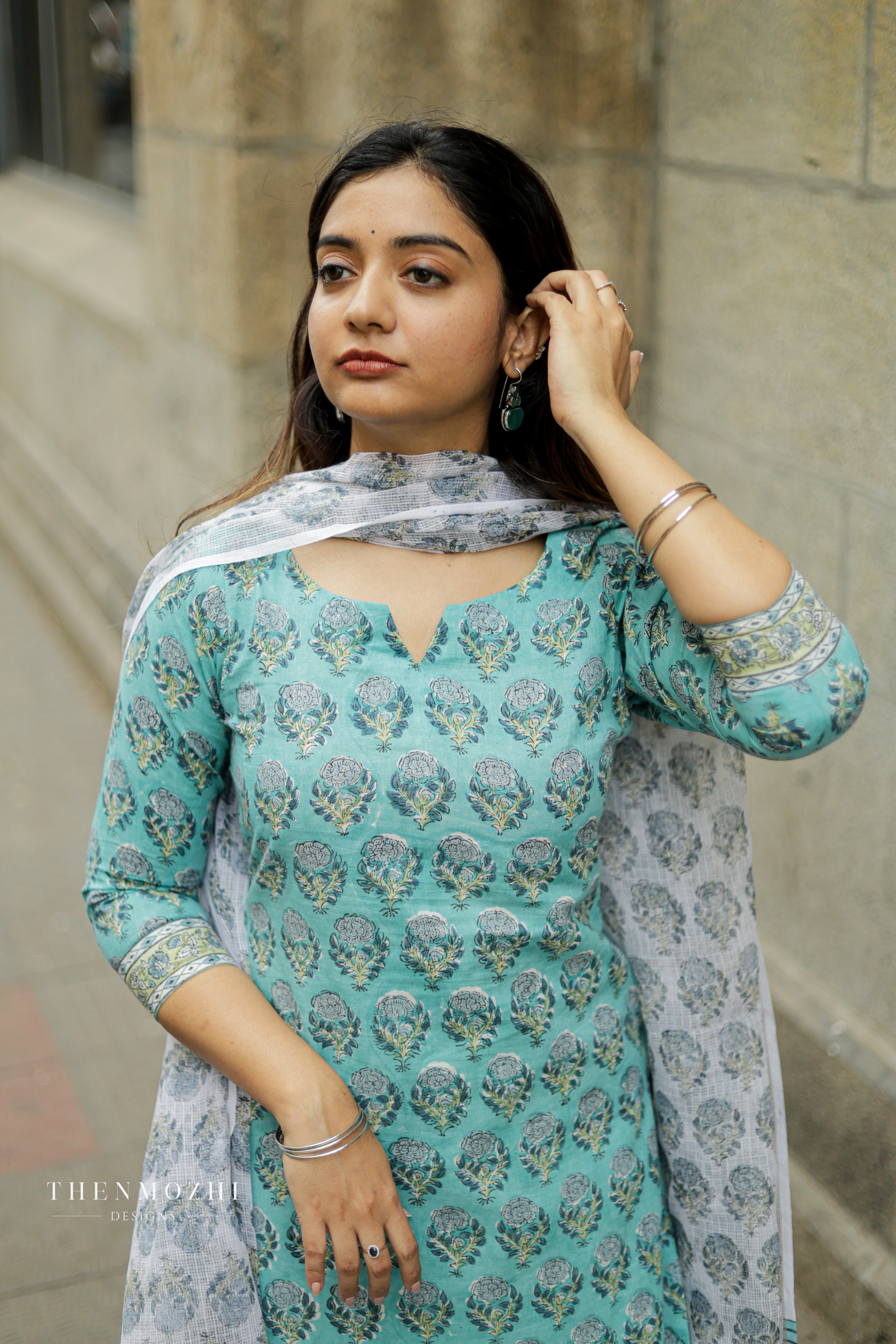 Turquoise Blue Floral Block Printed suit set