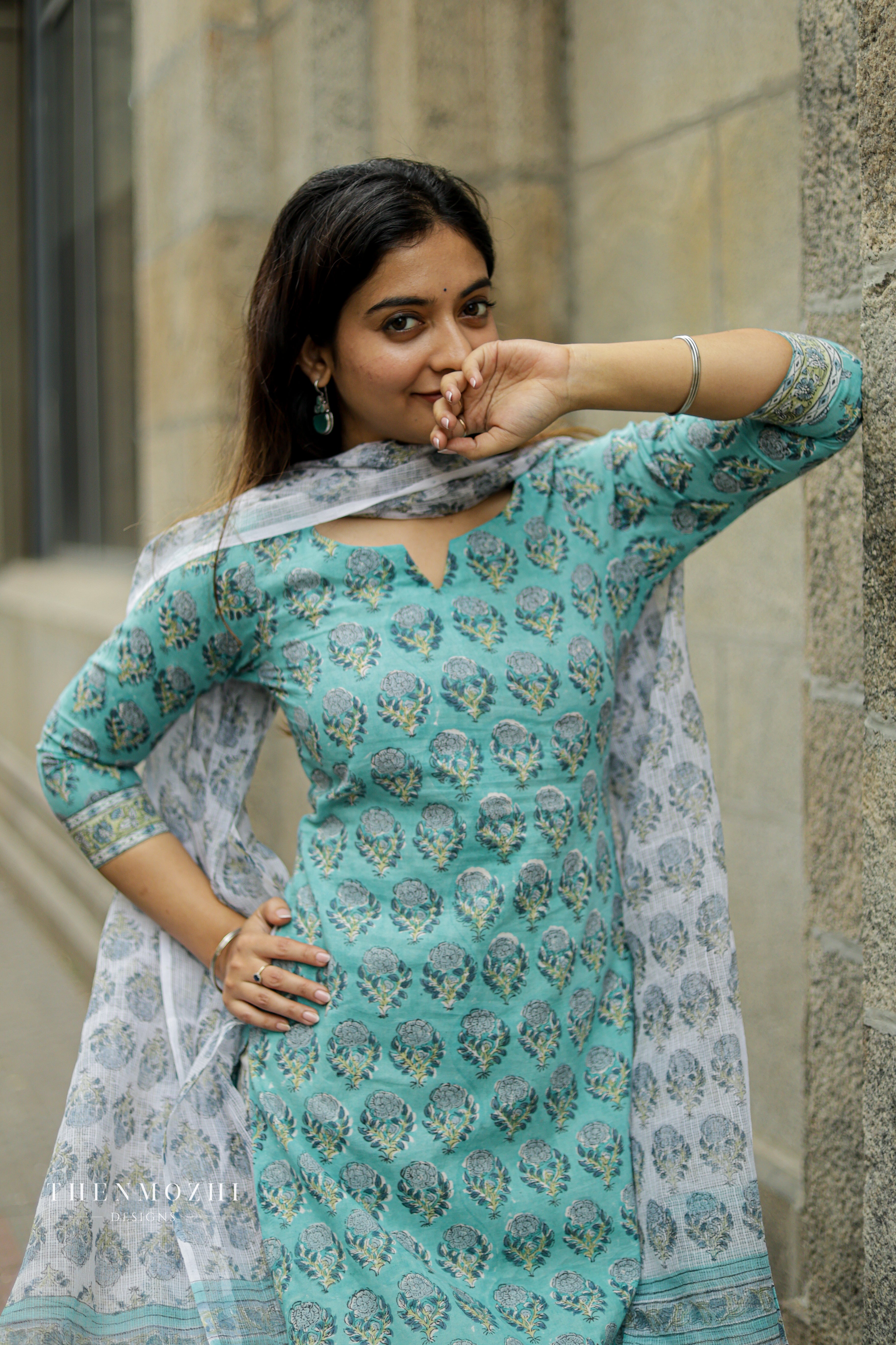 Turquoise Blue Floral Block Printed suit set