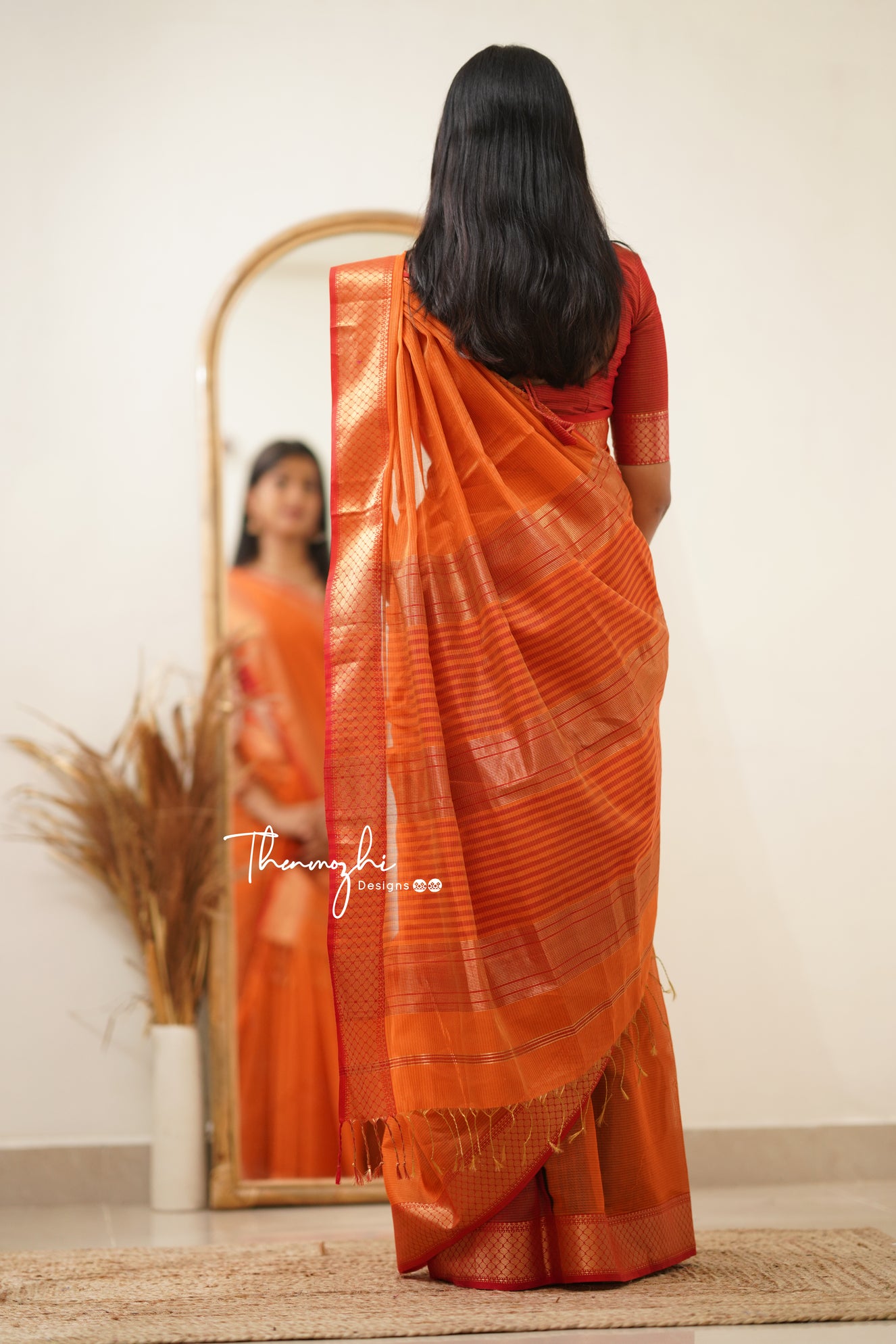CHARUKRITI Orange & Golden Woven Saree With Unstitched Blouse