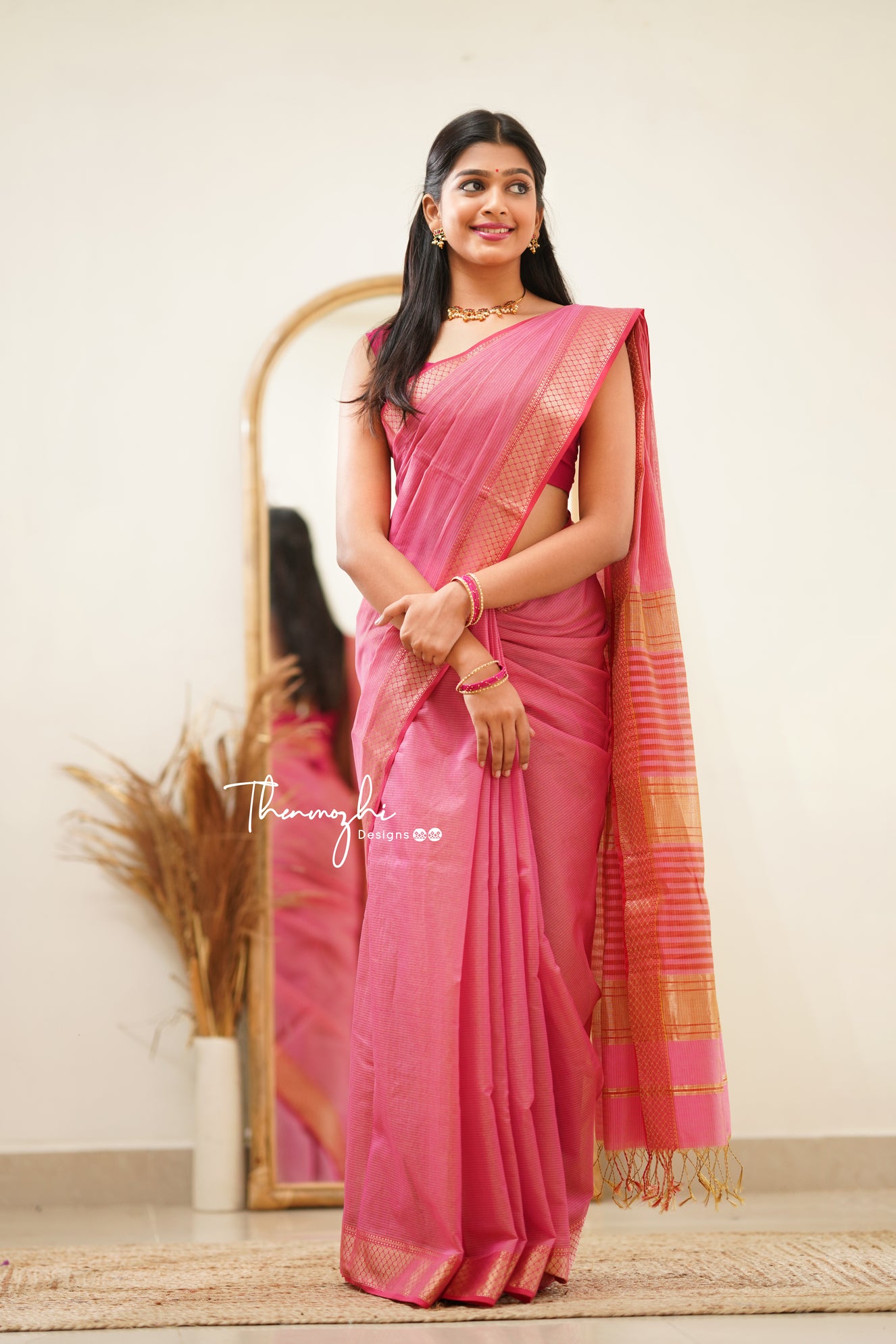 Pink Maheshwari Tissue Silk Handloom Cotton Saree