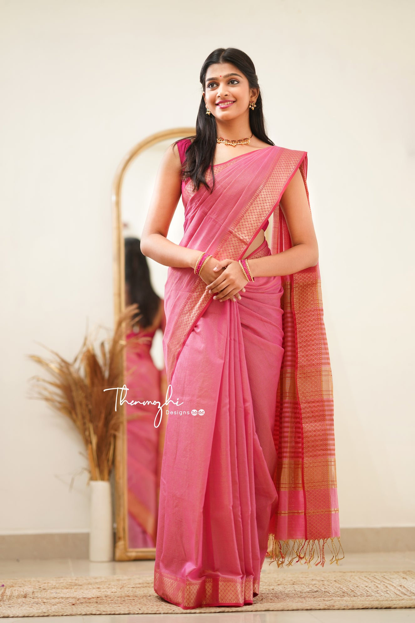 Pink Maheshwari Tissue Silk Handloom Cotton Saree