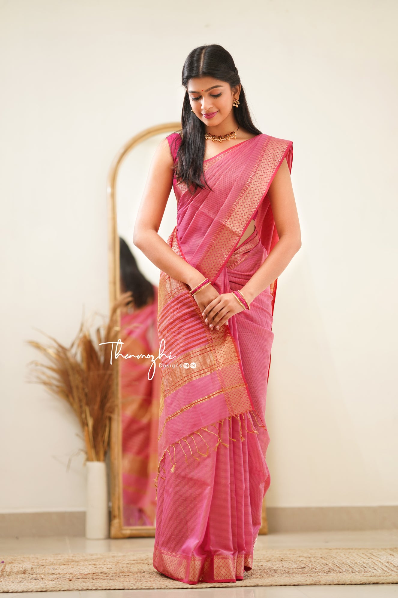 Pink Maheshwari Tissue Silk Handloom Cotton Saree