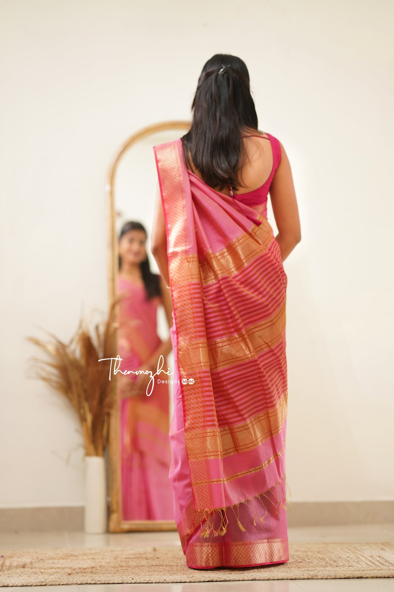 Pink Maheshwari Tissue Silk Handloom Cotton Saree