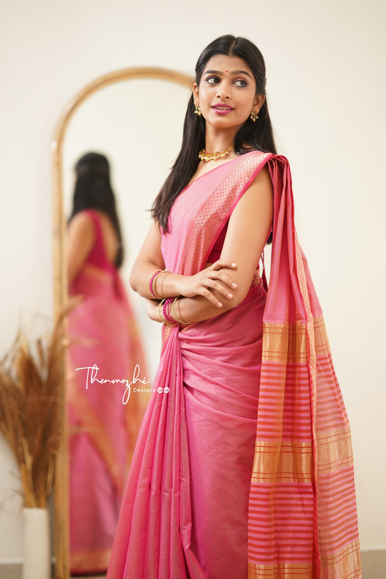 Pink Maheshwari Tissue Silk Handloom Cotton Saree