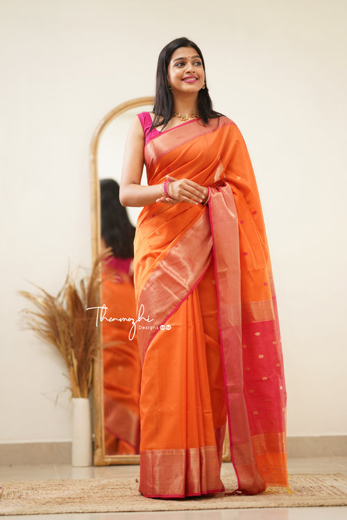 Orange Maheshwari Silk Handloom Cotton Saree with Pink Border | Shop Online