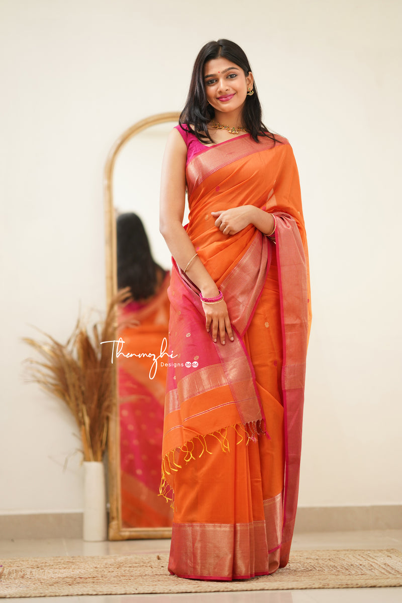 Orange Maheshwari Silk Handloom Cotton Saree with Pink Border | Shop Online