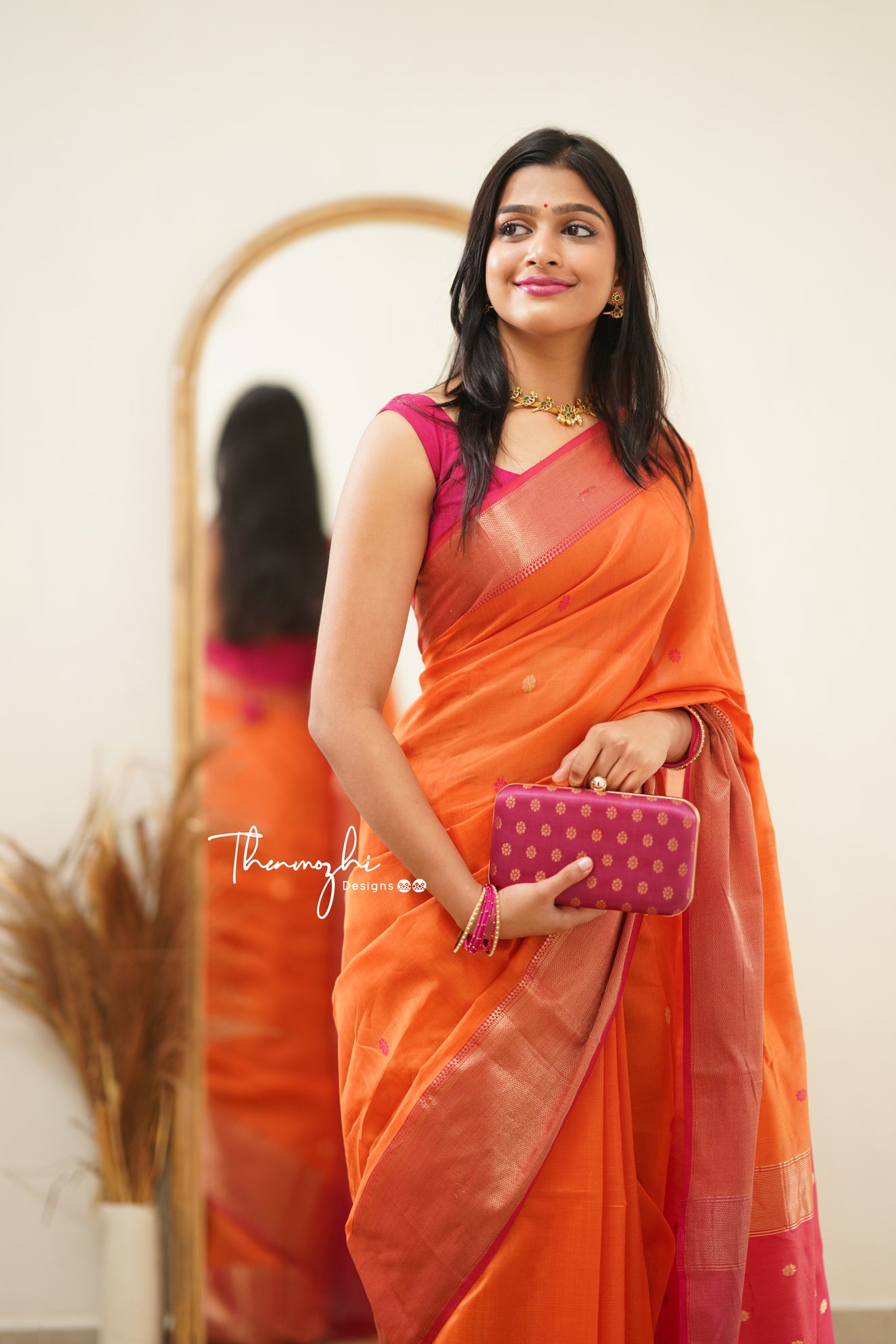 Orange Maheshwari Silk Handloom Cotton Saree with Pink Border