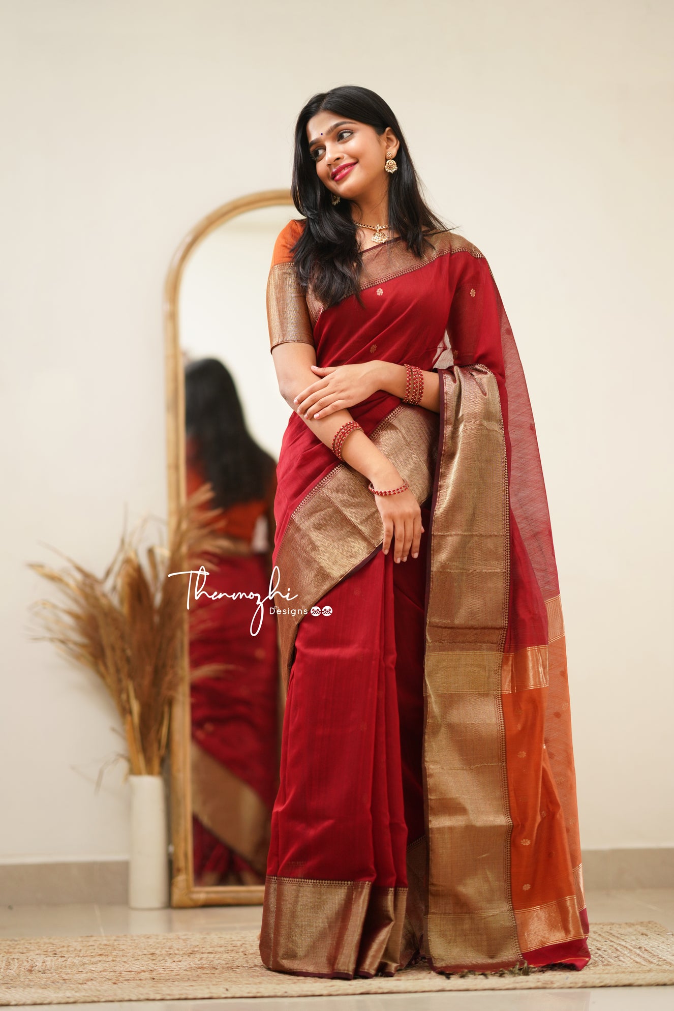 Brick Red with Orange Border Maheshwari Silk Handloom Cotton Saree