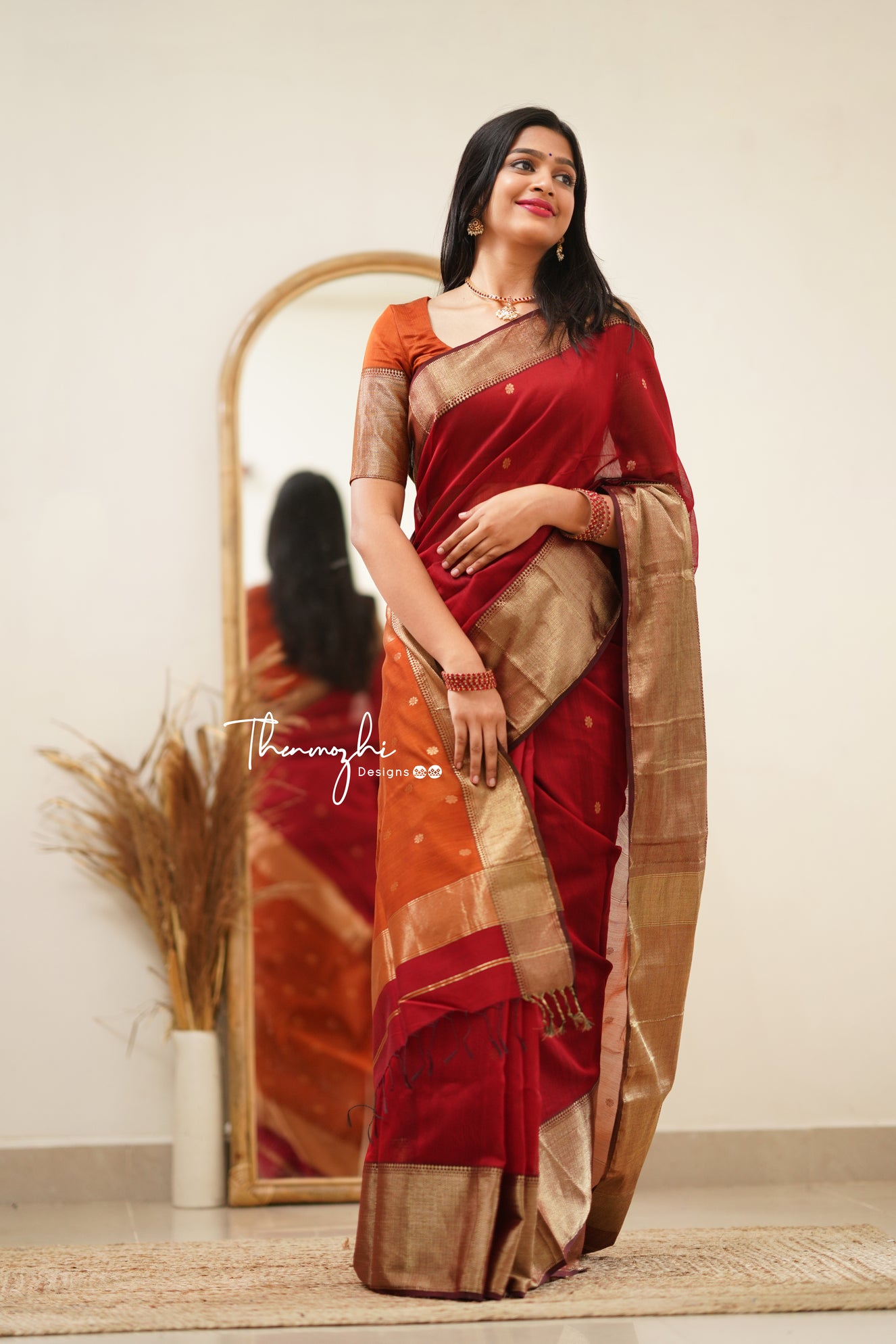 Brick Red with Orange Border Maheshwari Silk Handloom Cotton Saree