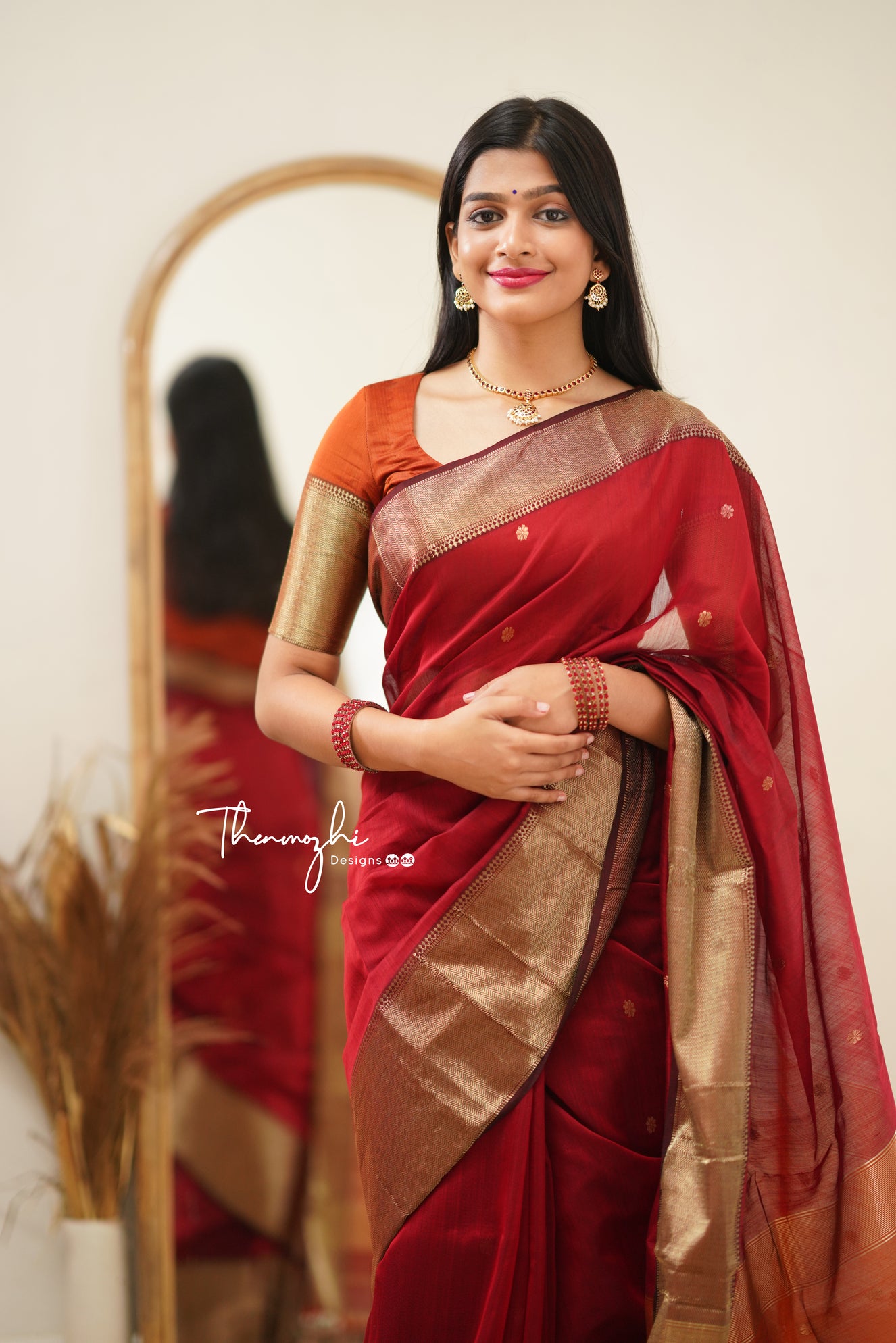 Brick Red with Orange Border Maheshwari Silk Handloom Cotton Saree