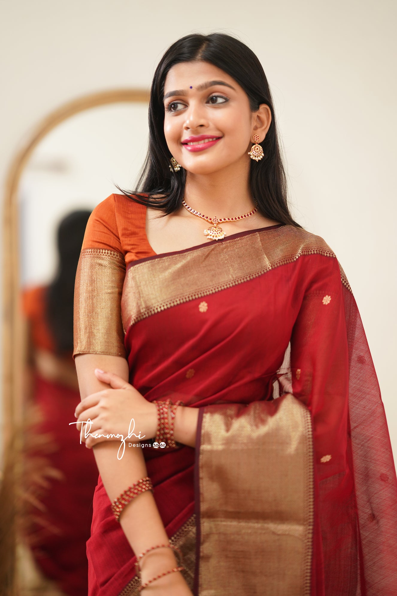 Brick Red with Orange Border Maheshwari Silk Handloom Cotton Saree