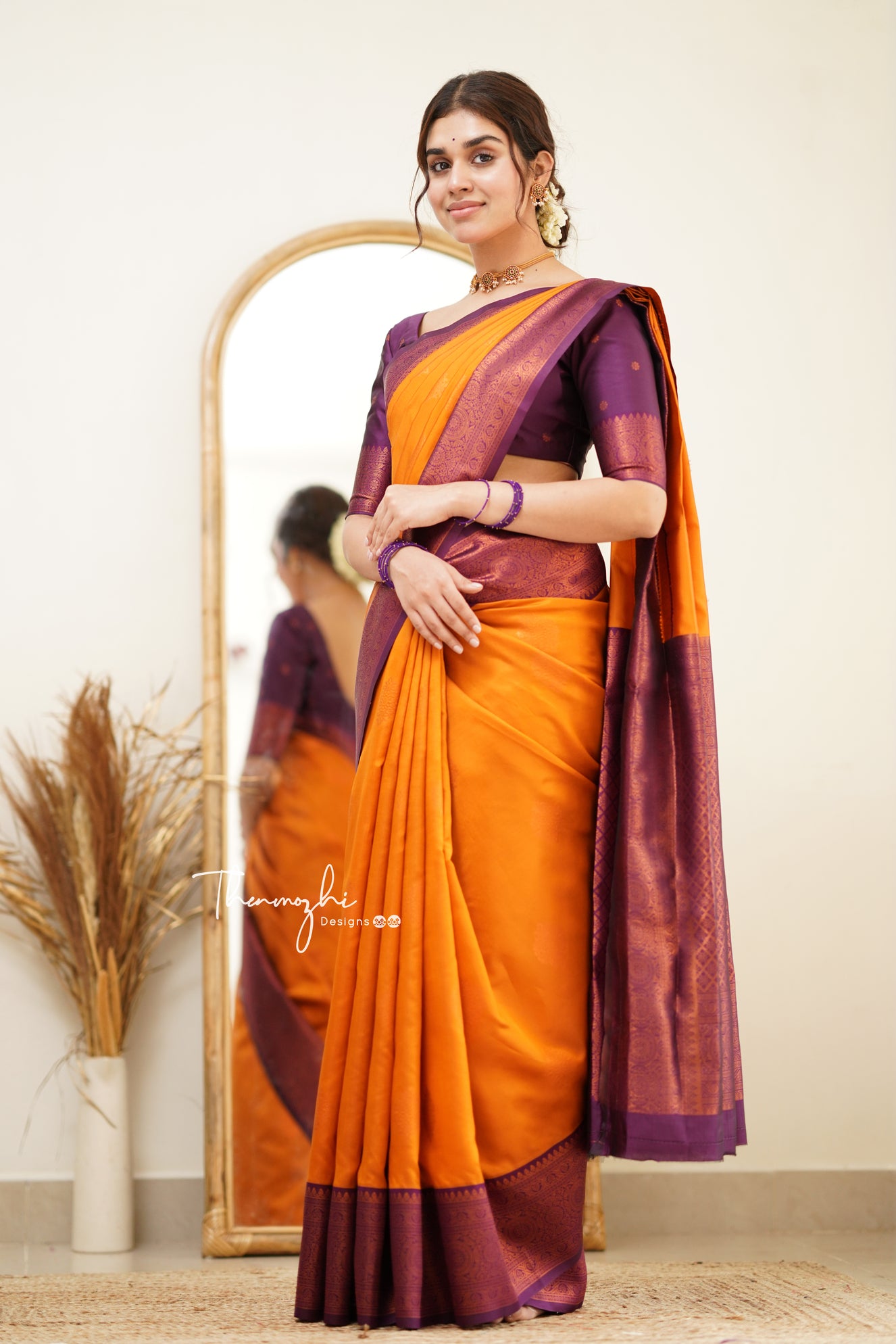 Buy Purple Kanjeevaram Silk Sari Online in USA with Yellow Zari Border –  Pure Elegance