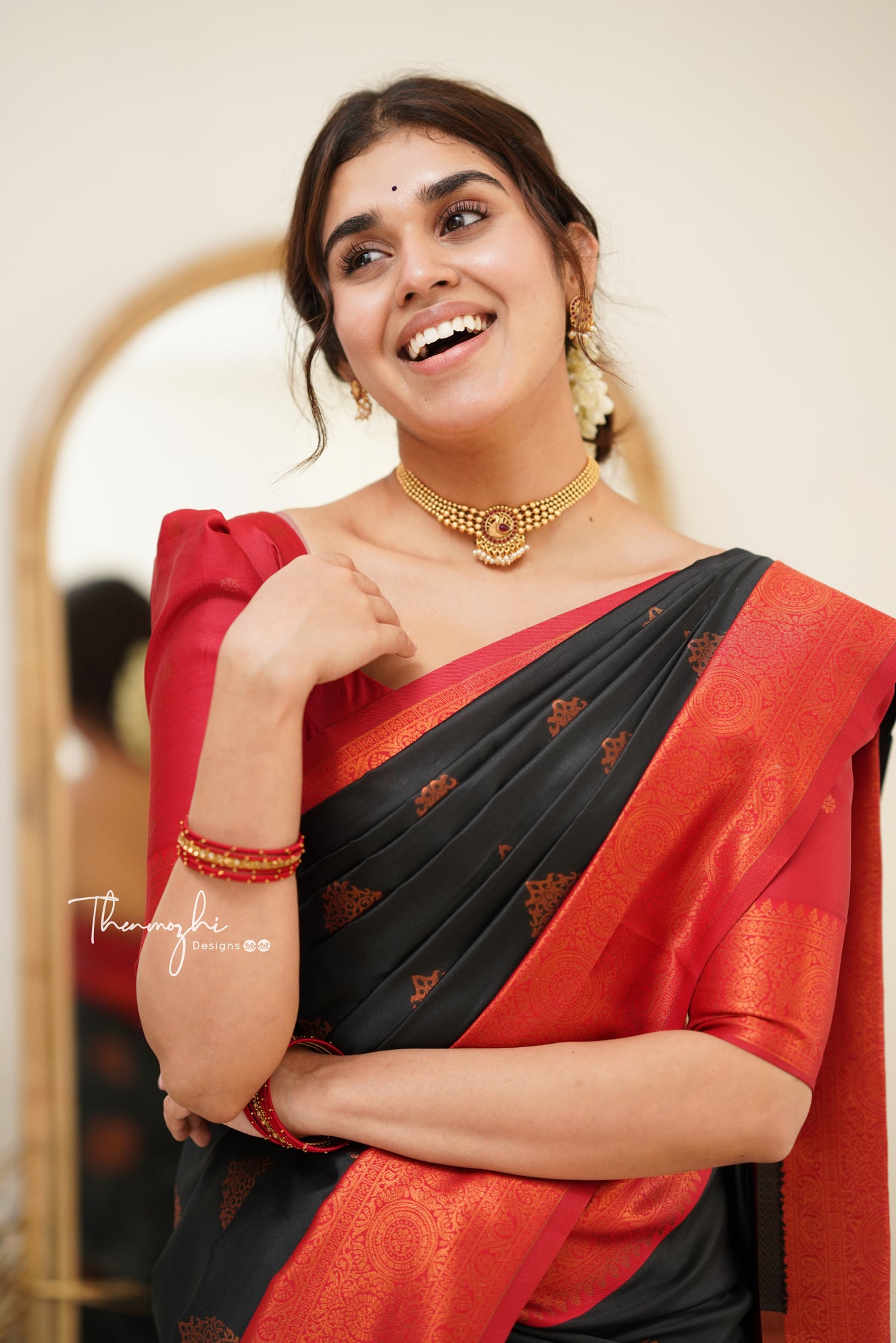 Black And White With Red Combination Chiffon Saree