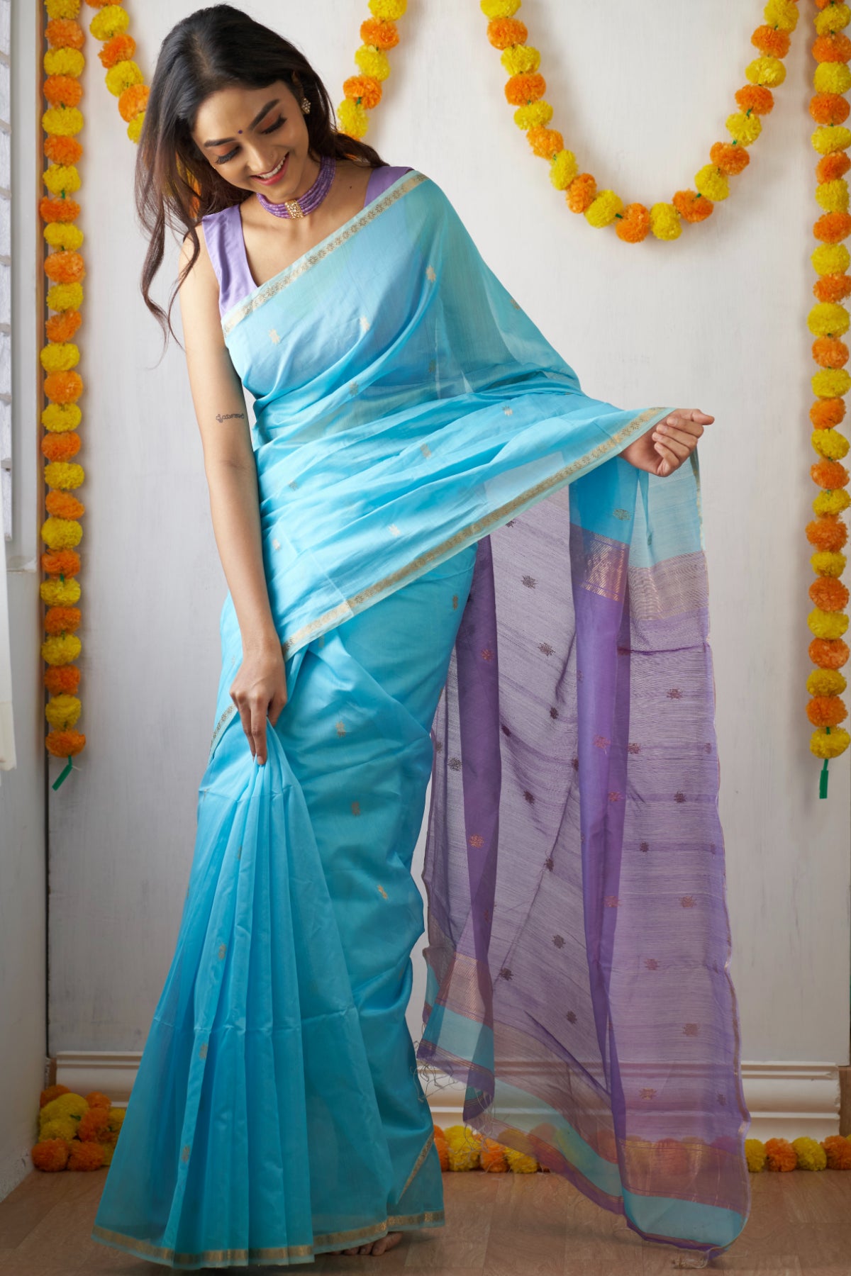 Ethnic Sky Blue Maheshwari Silk Handloom Cotton Saree