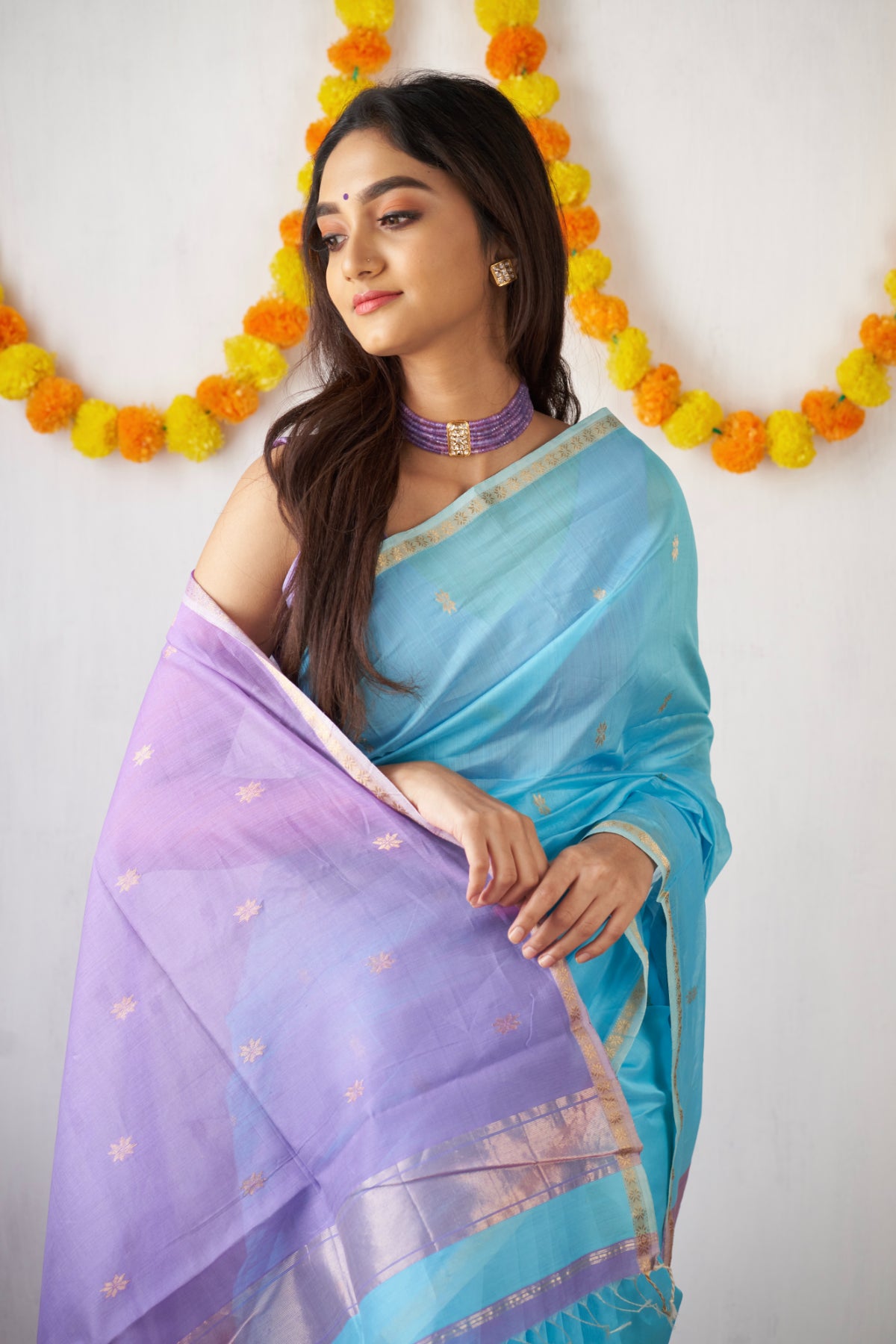 Ethnic Sky Blue Maheshwari Silk Handloom Cotton Saree