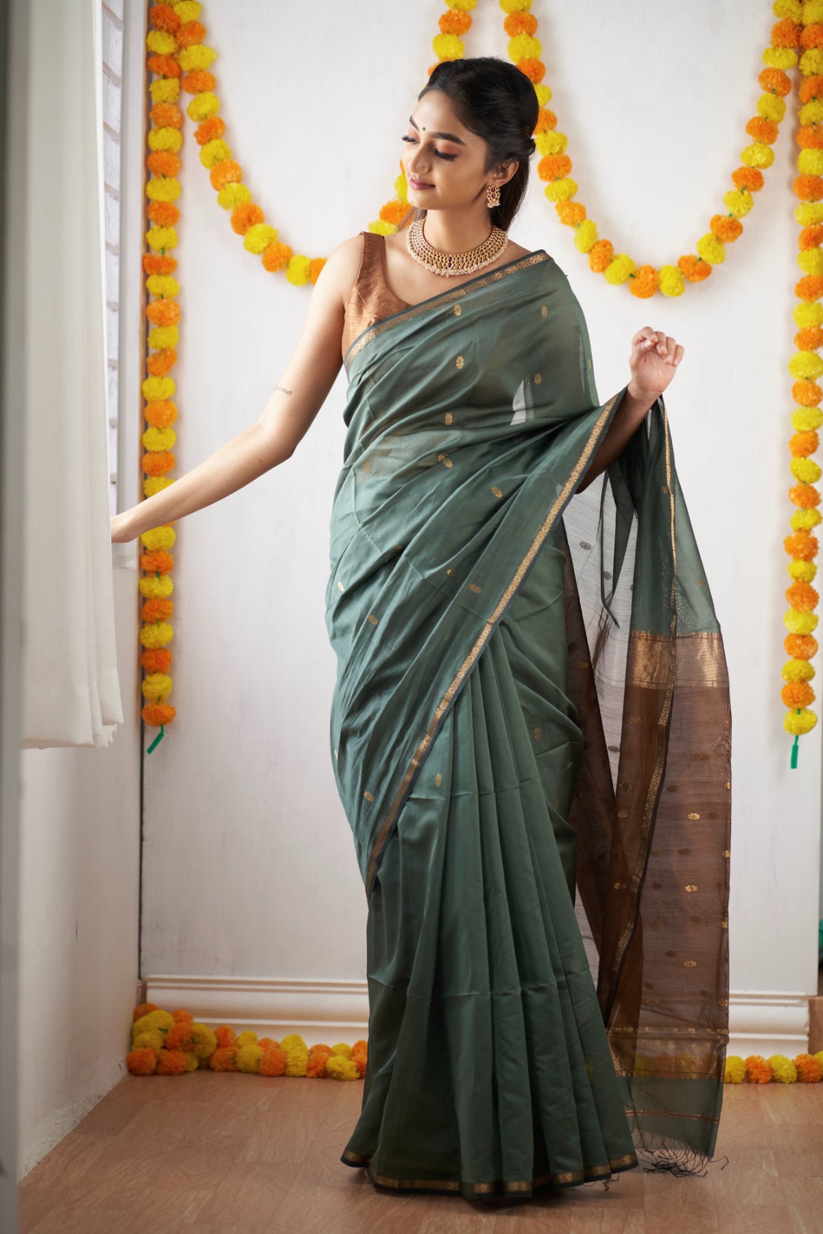 Ethnic Green Maheshwari Silk Handloom Cotton Saree