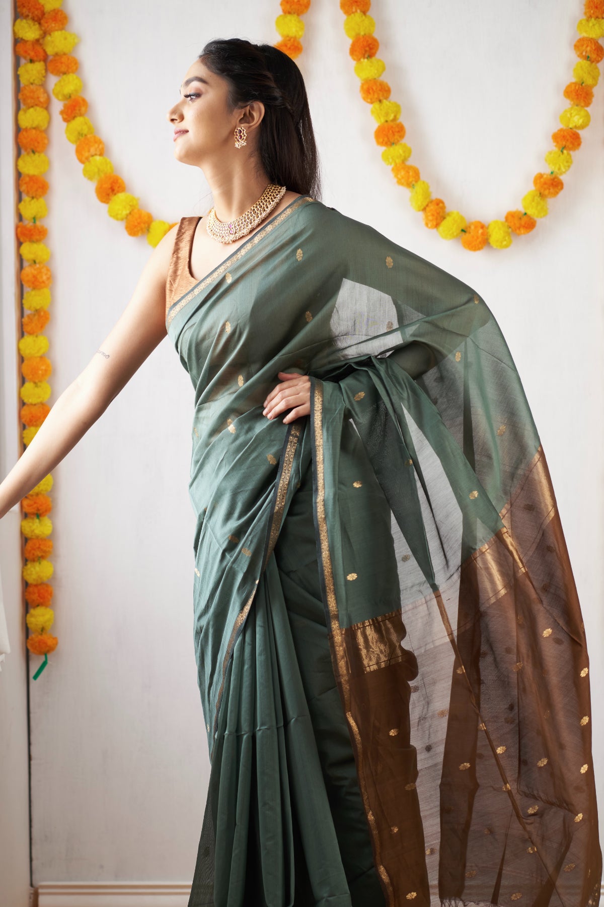 Buy Tangail Cotton Saree - Green Online - Biswabangla.in