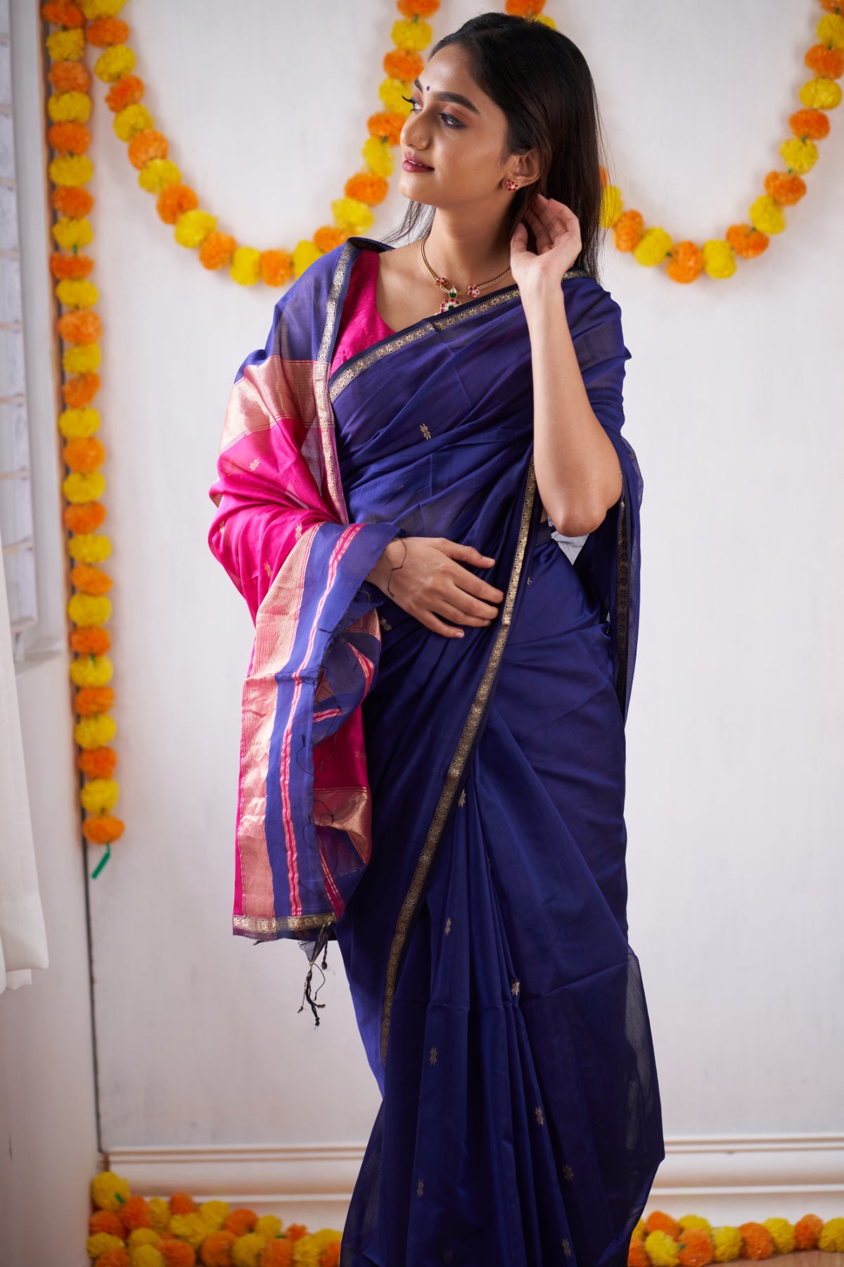 Ethnic Blue Maheshwari Silk Handloom Cotton Saree