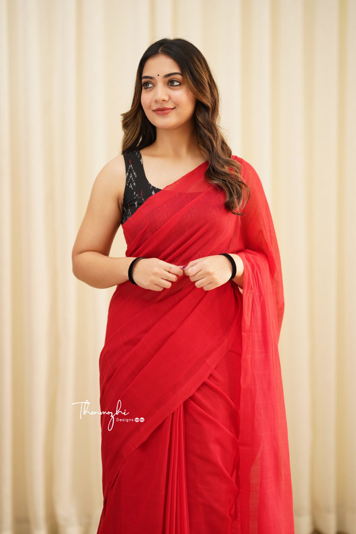 Mangalagiri Cotton Saree In Fire Red Color