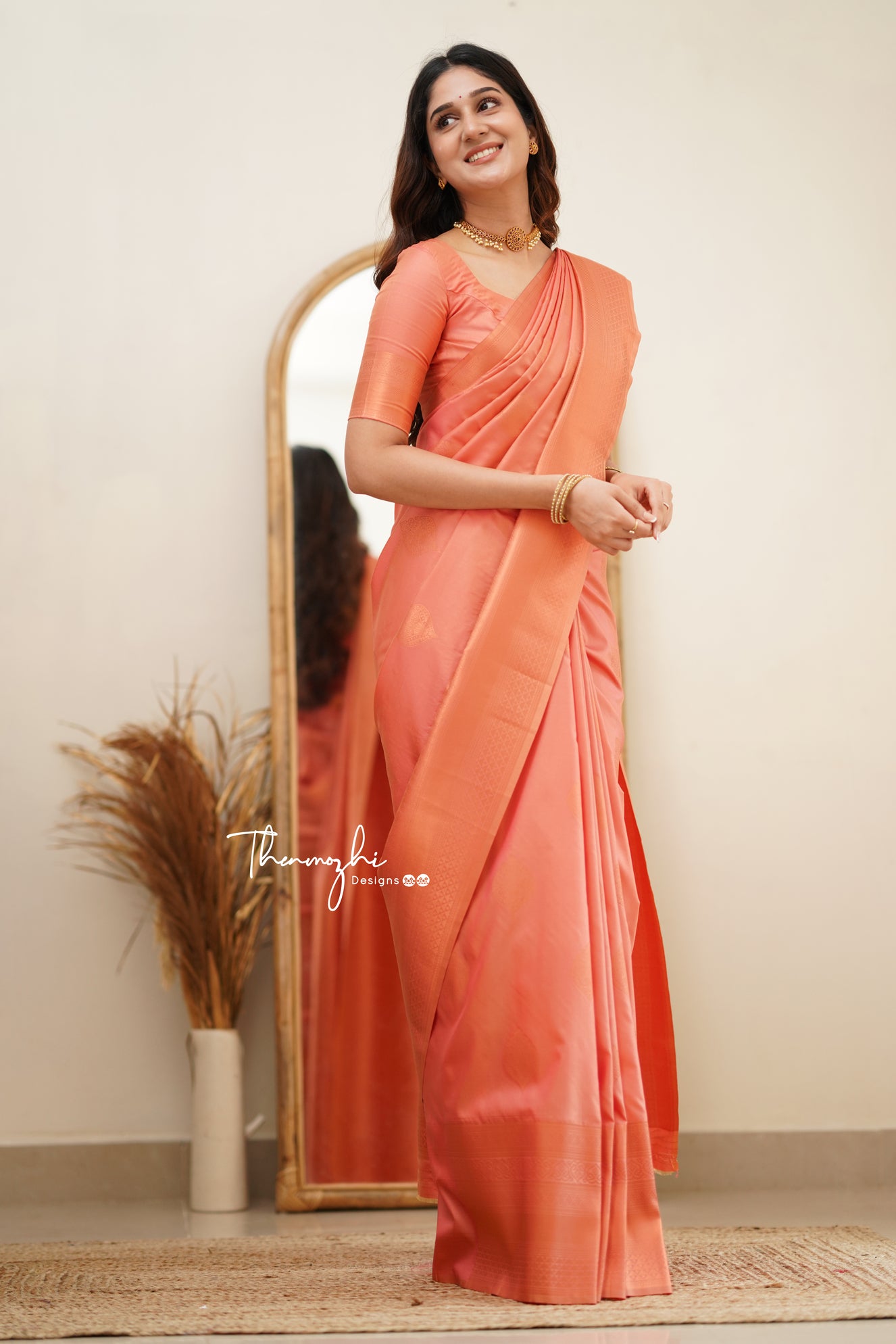 Peach Pink Woven Banarasi Soft Silk Saree – Zari Banaras