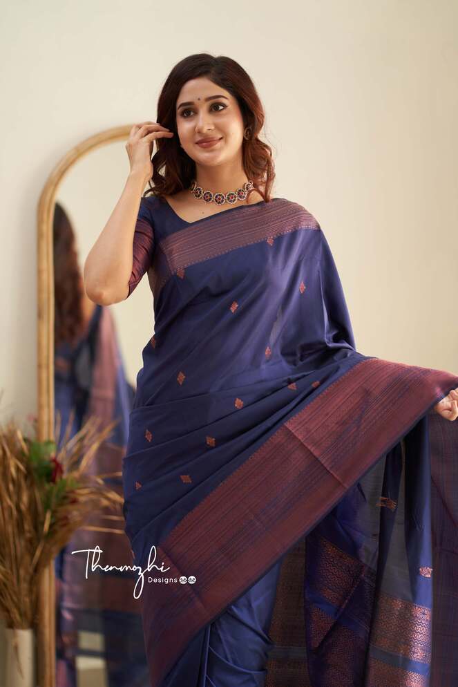 Chettinad Cotton Navy Blue Saree Copper And Silver Zari Buttas And Sim –  Kumaran Silks