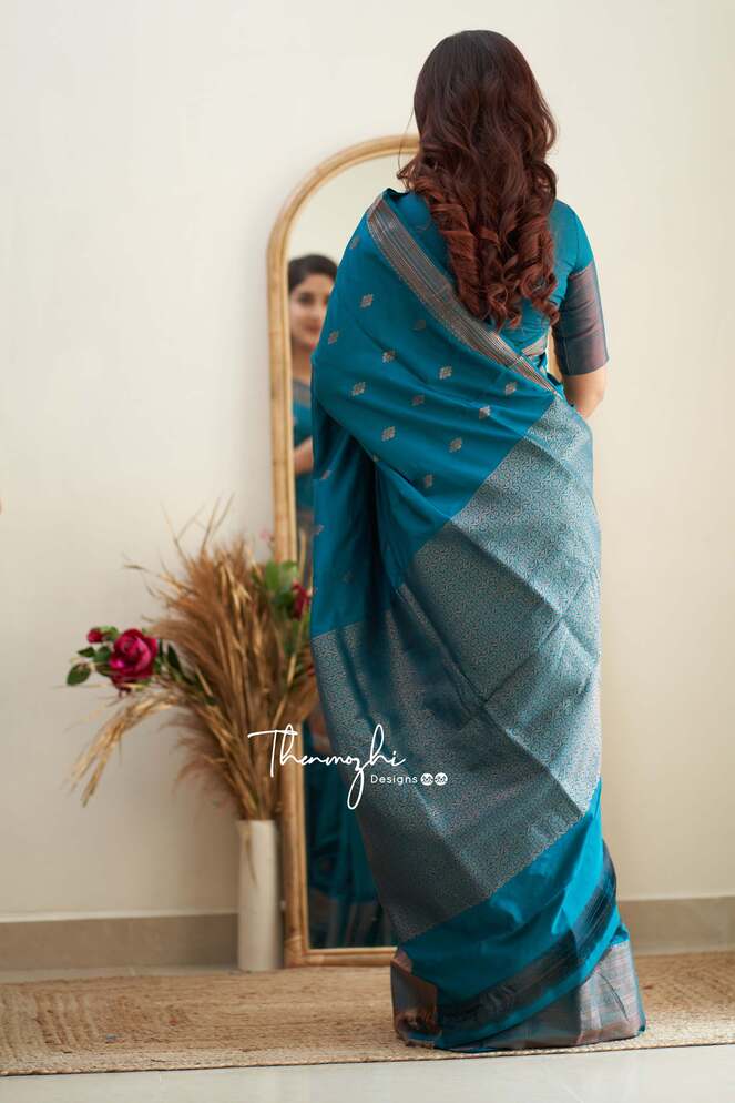 Peacock Blue Pure Banarasi Handloom Katan Satin Silk Saree - Aura Benaras
