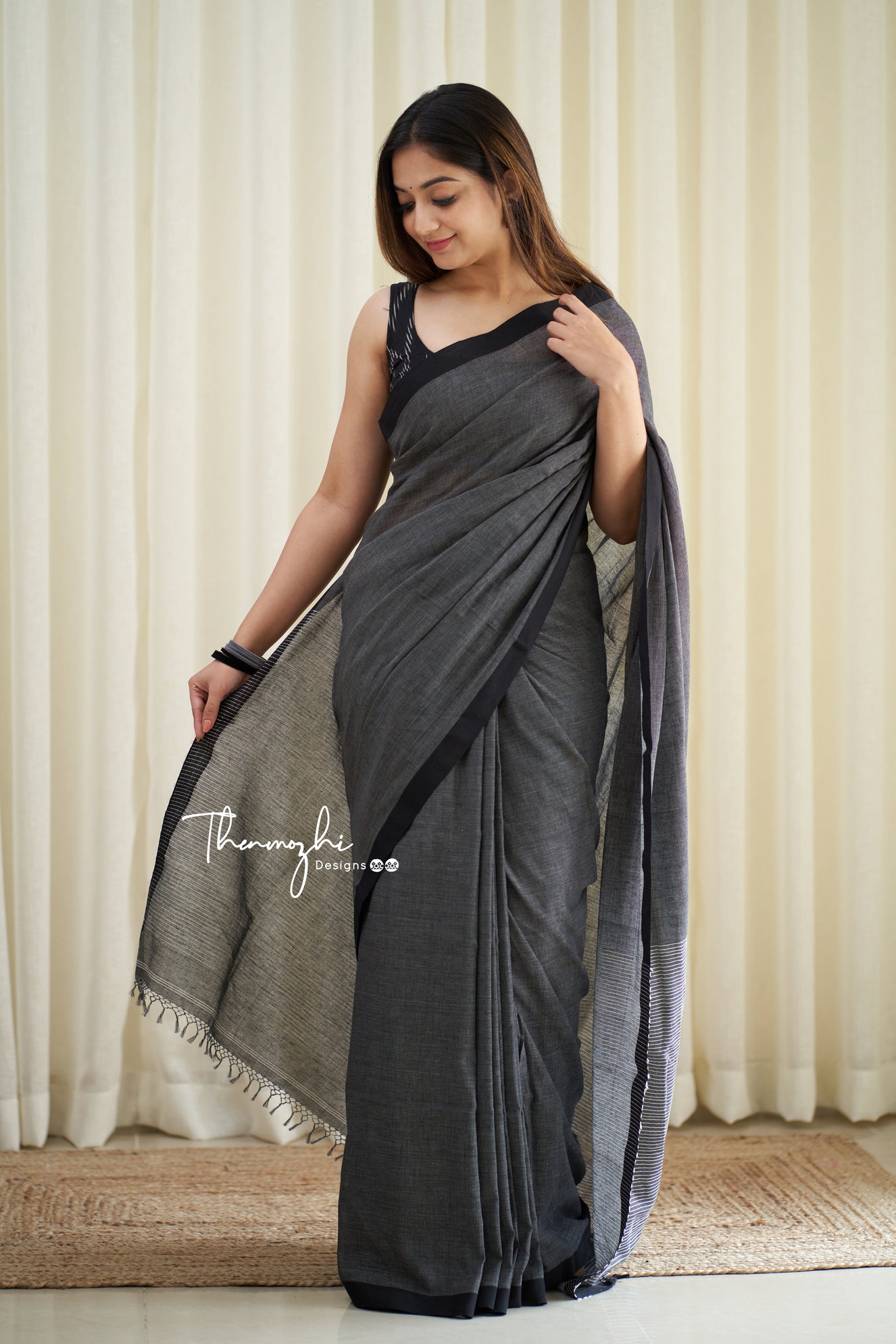 Black and Grey Soft Cotton Handloom Saree