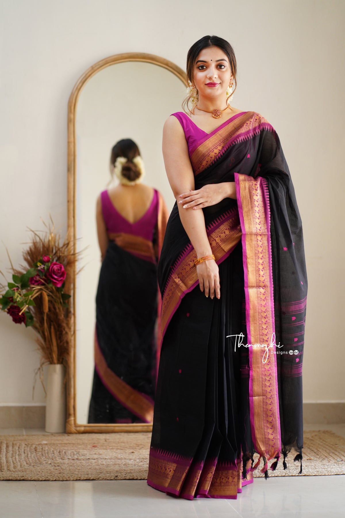 Kunthavai - Black & Pink Handwoven Chettinad Cotton Saree