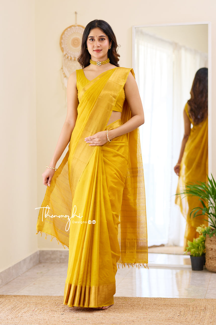 Yellow Chiffon Saree With Golden Border & Brocade Silk Unstitched Blouse  Piece for Women Wedding Party Wear Sari Plain Saris - Etsy Norway